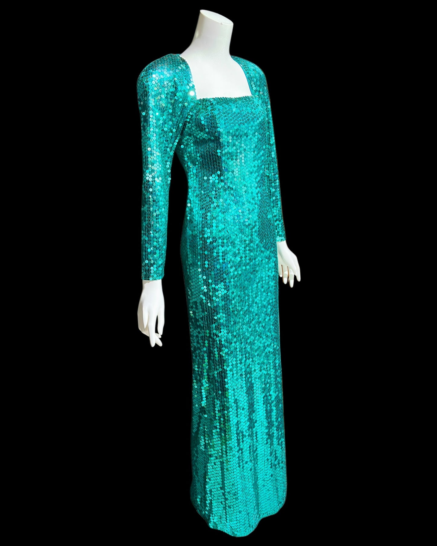 OLEG CASSINI vintage 1980s bodycon sequin evening gown, Mermaid teal green sheath gown with open back