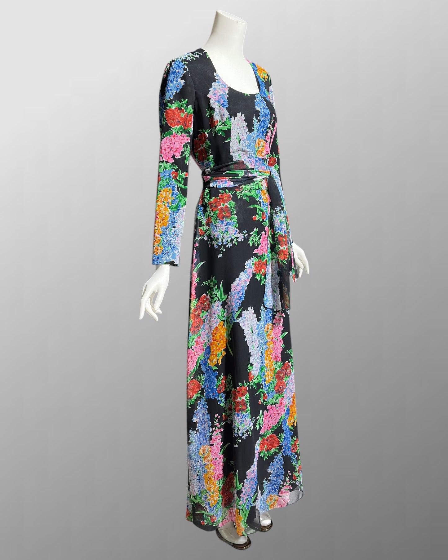 RAZOOK'S vintage 1970s evening dress, poly chiffon floral maxi dress