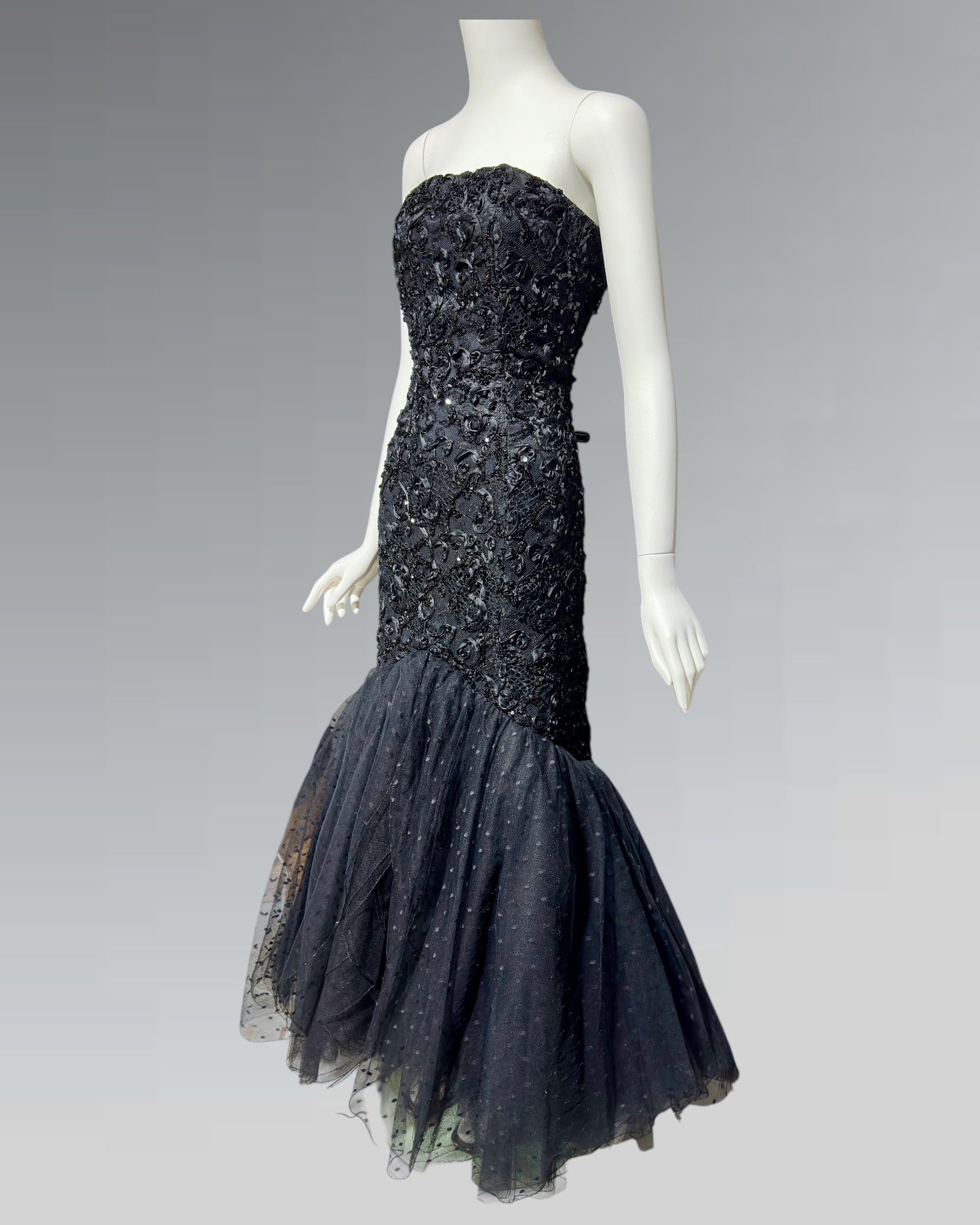 DAVID FIELDEN, 1980s Neiman Marcus, Black lace Mermaid sequin gown