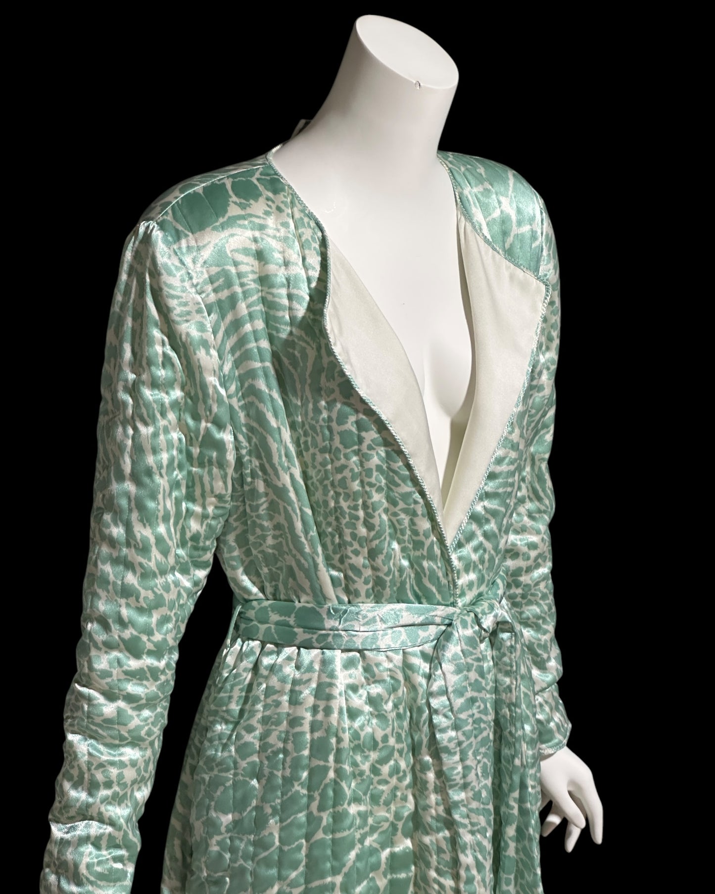 MARY MCFADDEN 1980s vintage robe housecoat, celadon green wrap front quilted dressing gown