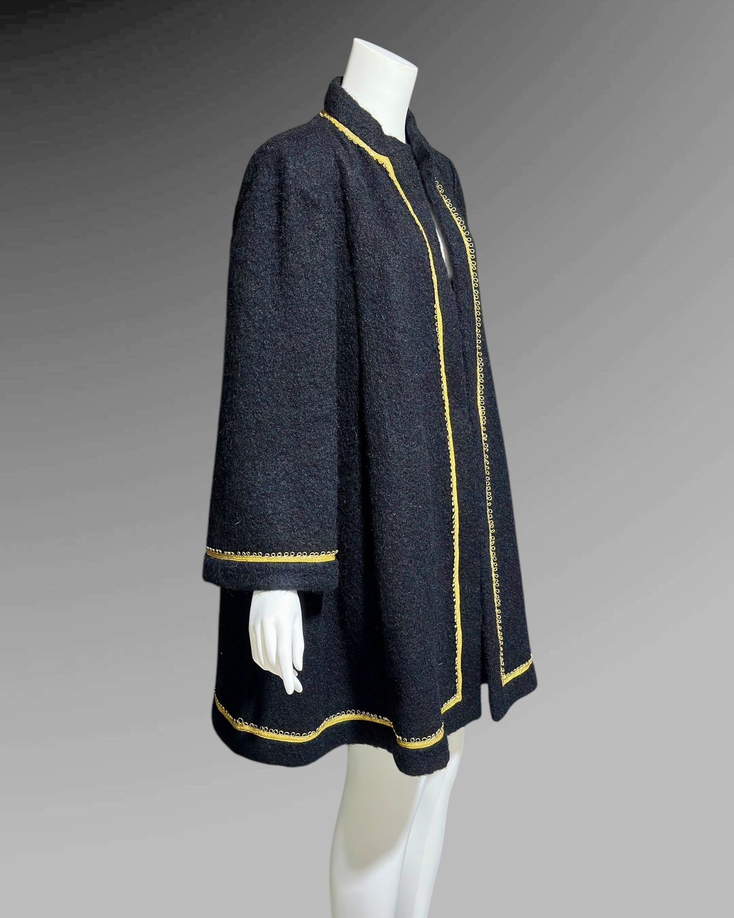 TRIGERE 1980s mohair swing coat, for SAKS 5th Ave Black mohair gold metallic cord