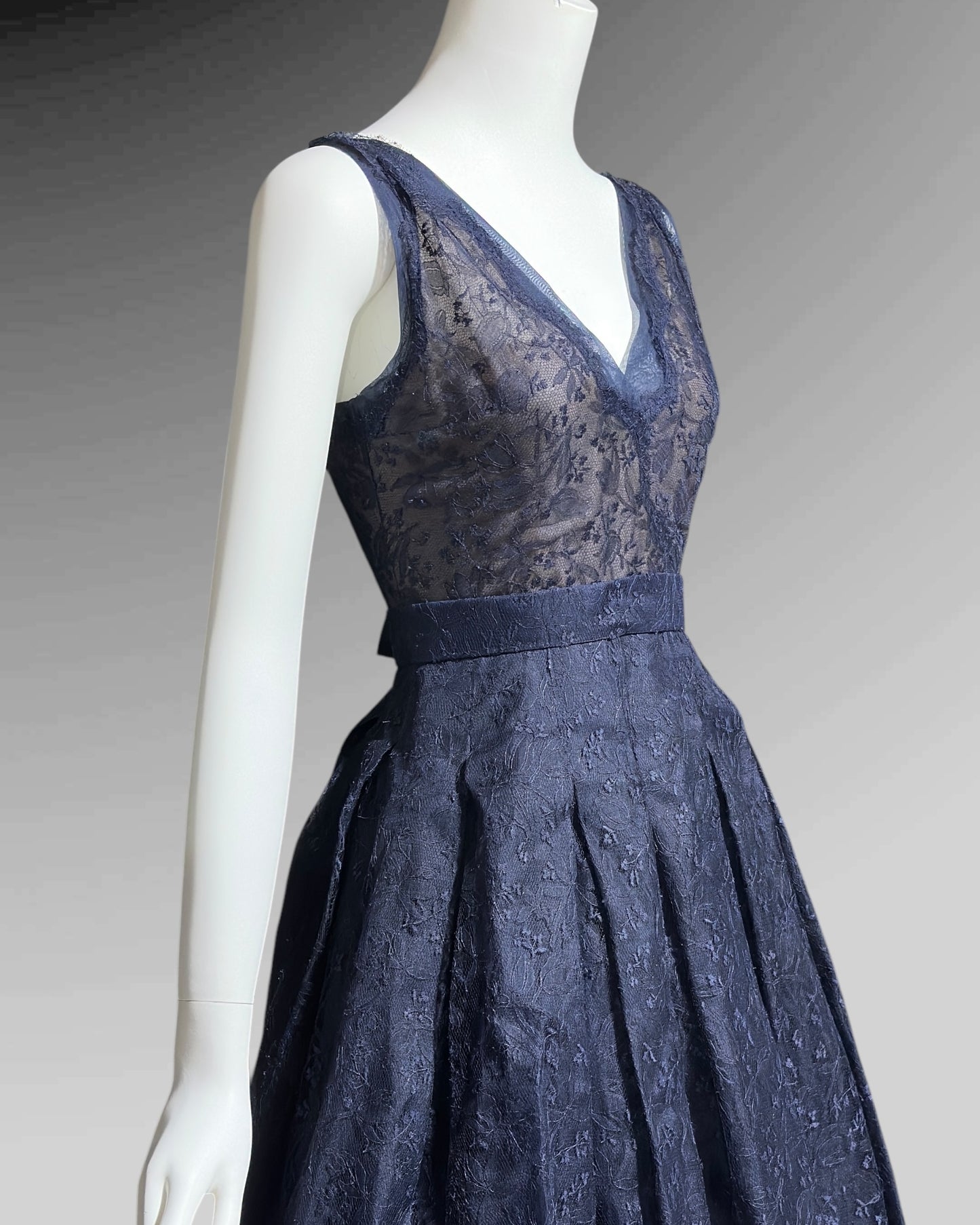OLDRIC ROYCE by Tony Abate, vintage 1950s evening cocktail dress, navy organza fit and flare party dress