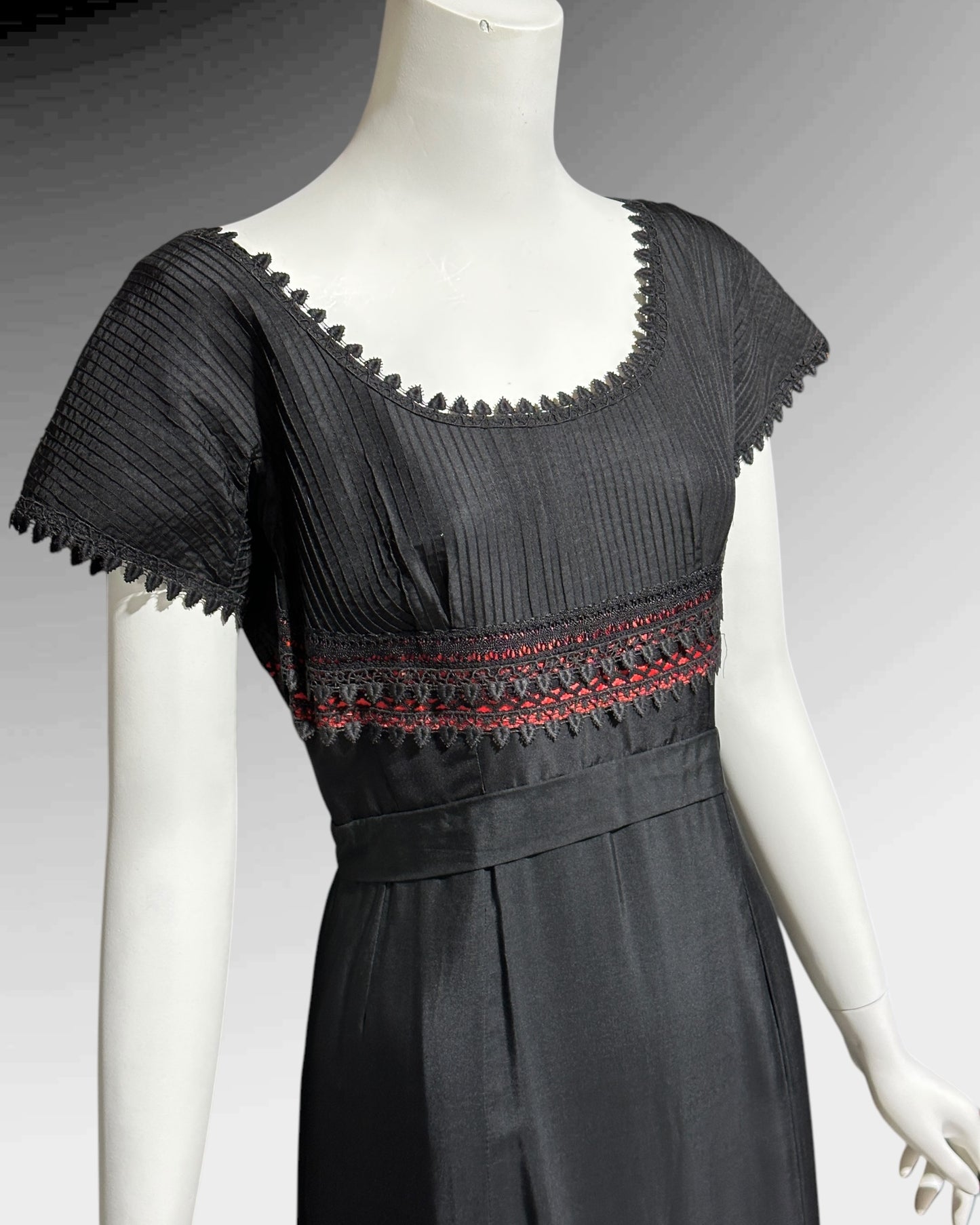 1960s vintage evening dress, Black and red satin gown, Pin tucks and see through lace