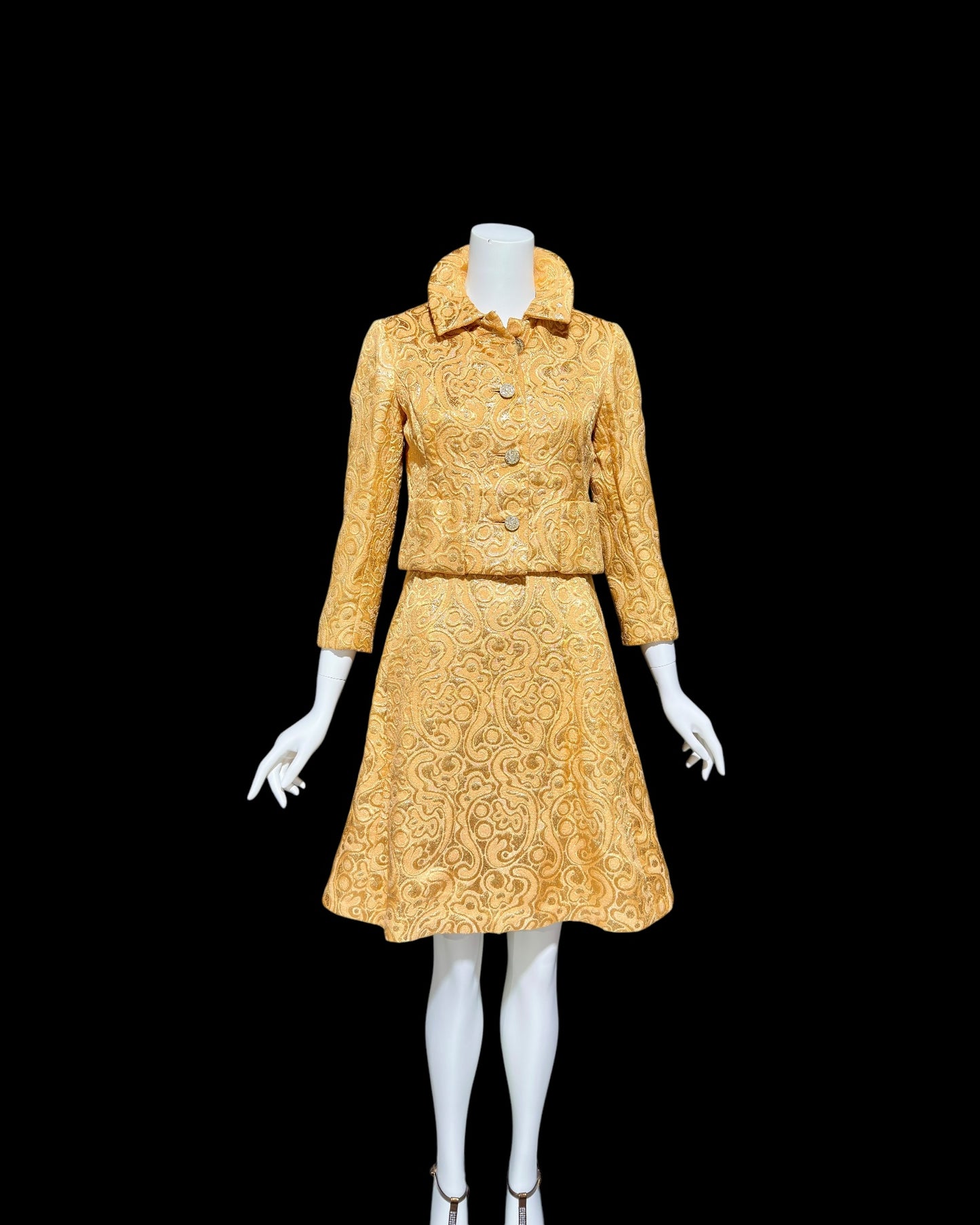 MALCOLM STARR Vintage dress jacket set, 1960s Apricot shiny gold brocade cocktail evening suit ensemble, dress and matching jacket