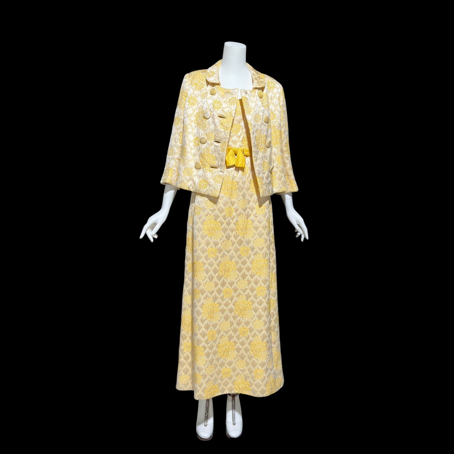 MOLLIE PARNIS Nan Duskin 1960s vintage evening dress, gold floral silk damask 2 pc gown and matching coat ensemble