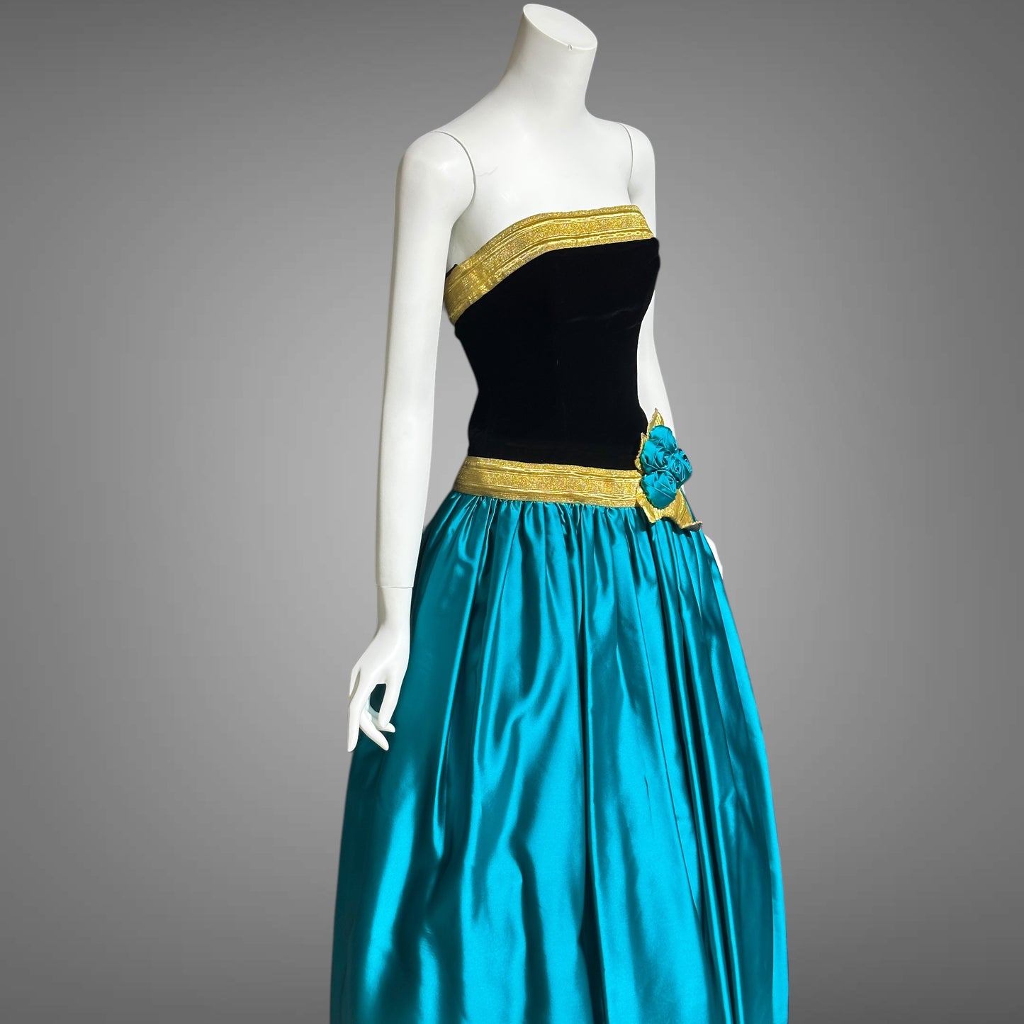 EUGENE ALEXANDER for Neiman Marcus, 1980s evening dress, black & teal rosette ball gown