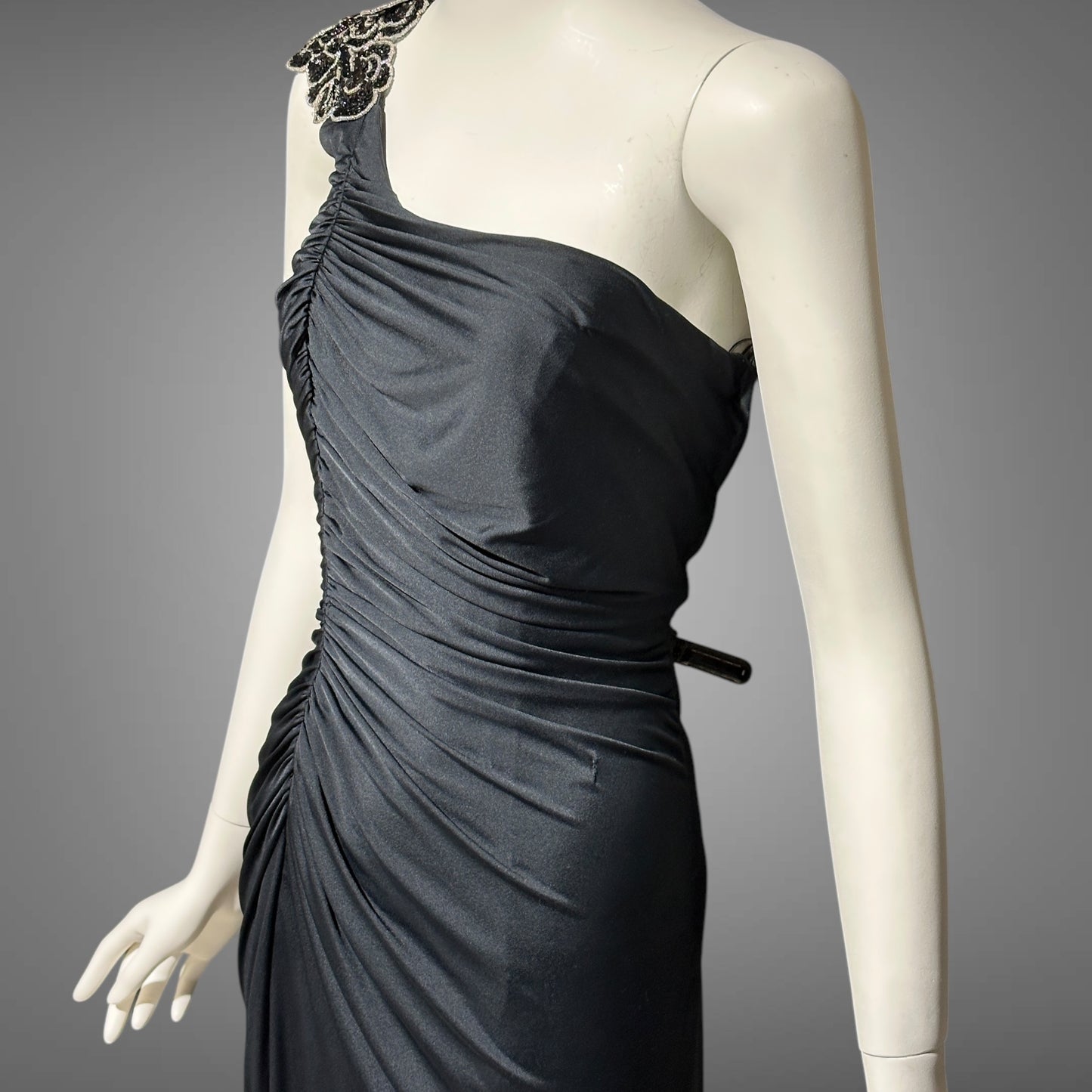EUGENE ALEXANDER, vintage 1980s evening dress, Slinky Black sheath One Shoulder Grecian Goddess gown