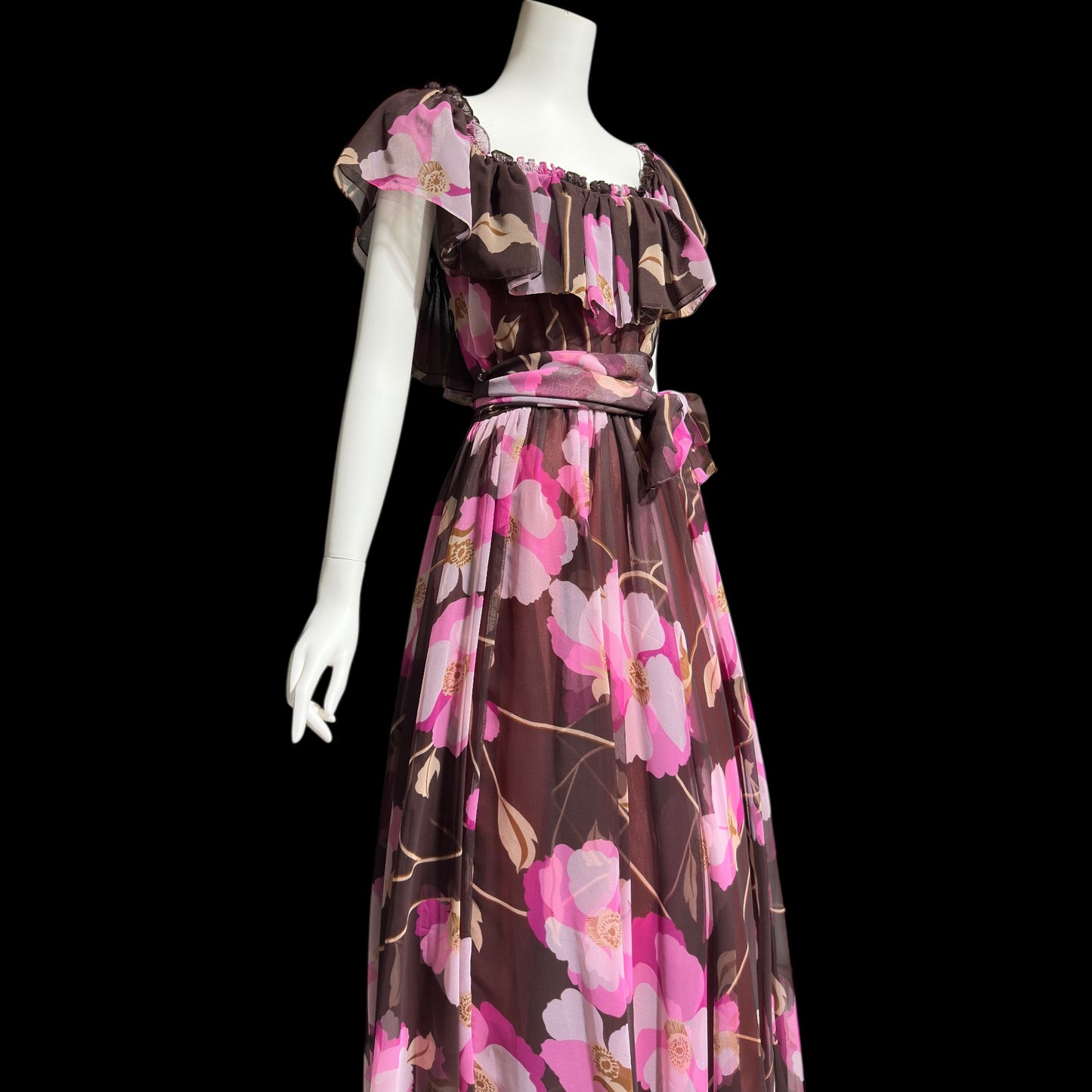 MIGNON New York, vintage 1970s floral Chiffon Maxi Dress, Chocolate Brown Hot Pink evening gown