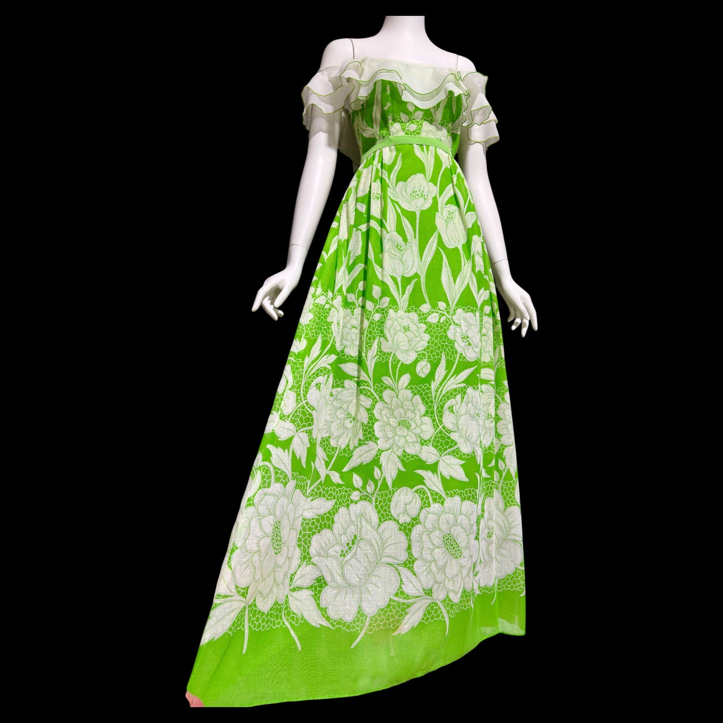 1970s vintage off shoulder maxi dress, Ruffle collar, sheer green and white floral, organza evening party dress