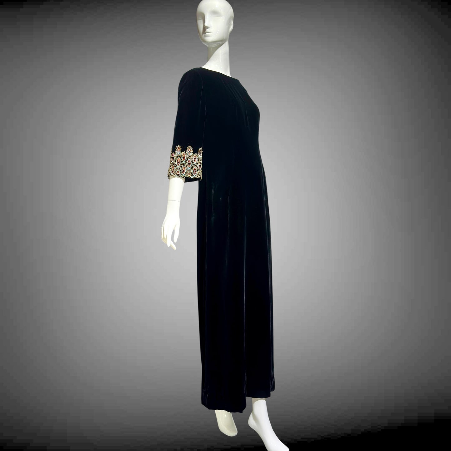 CAMEO vintage evening dress, for Bonwit Teller, 1960s black velvet beaded gown