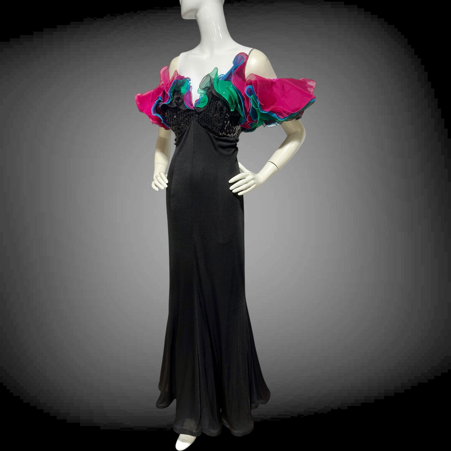 EUGENE ALEXANDER, vintage 1980s evening gown, Black sheath dress, HUGE ruffle collar, Sequin Bodice, on or off shoulders