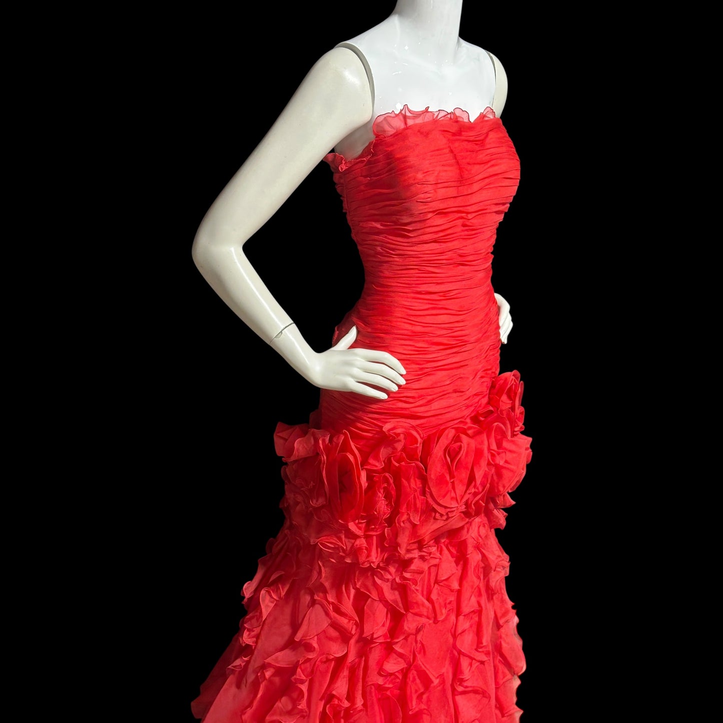 BELLVILLE SASSOON Lorcan Mullany, vintage 1980s evening dress, Red mermaid sheath gown, strapless tiered ruffles with matching bolero