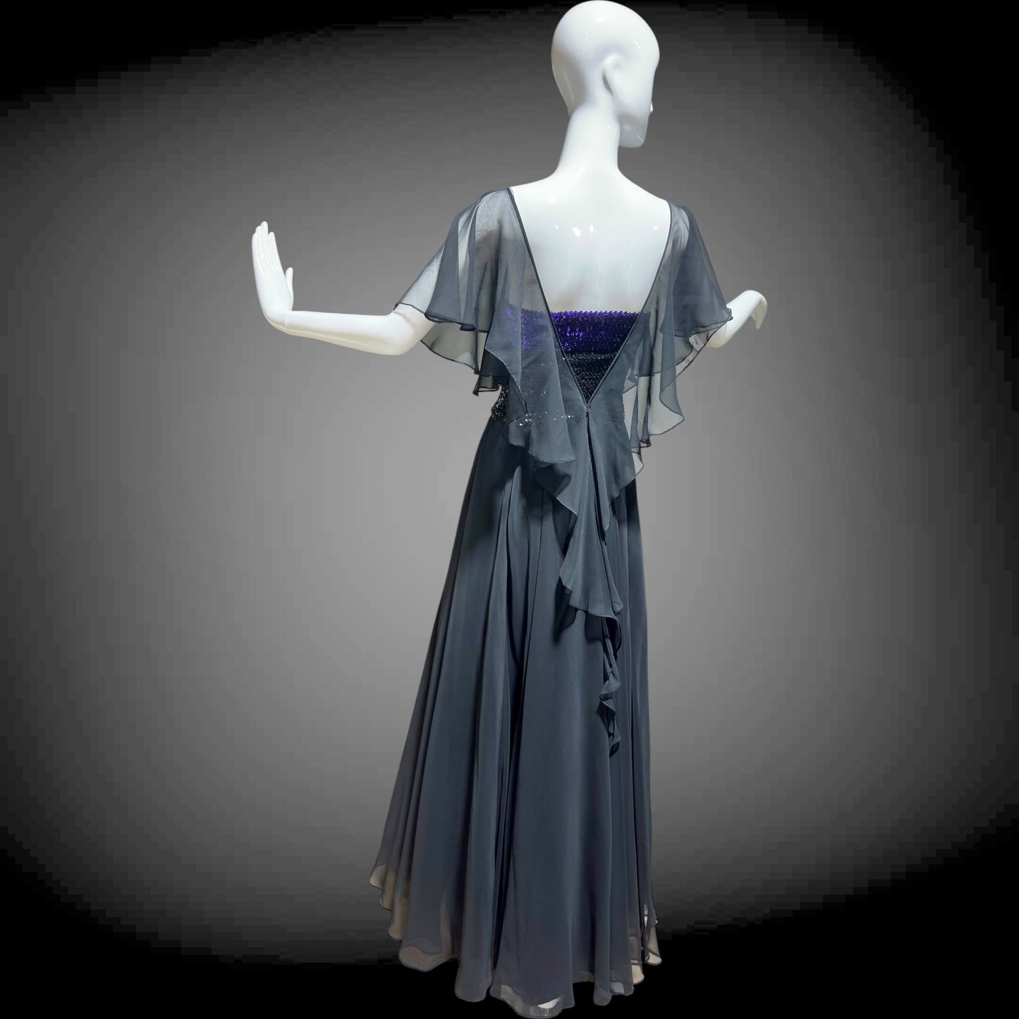 JEAN VARON, Made in England, vintage 1970s sequin and chiffon scarf evening dress