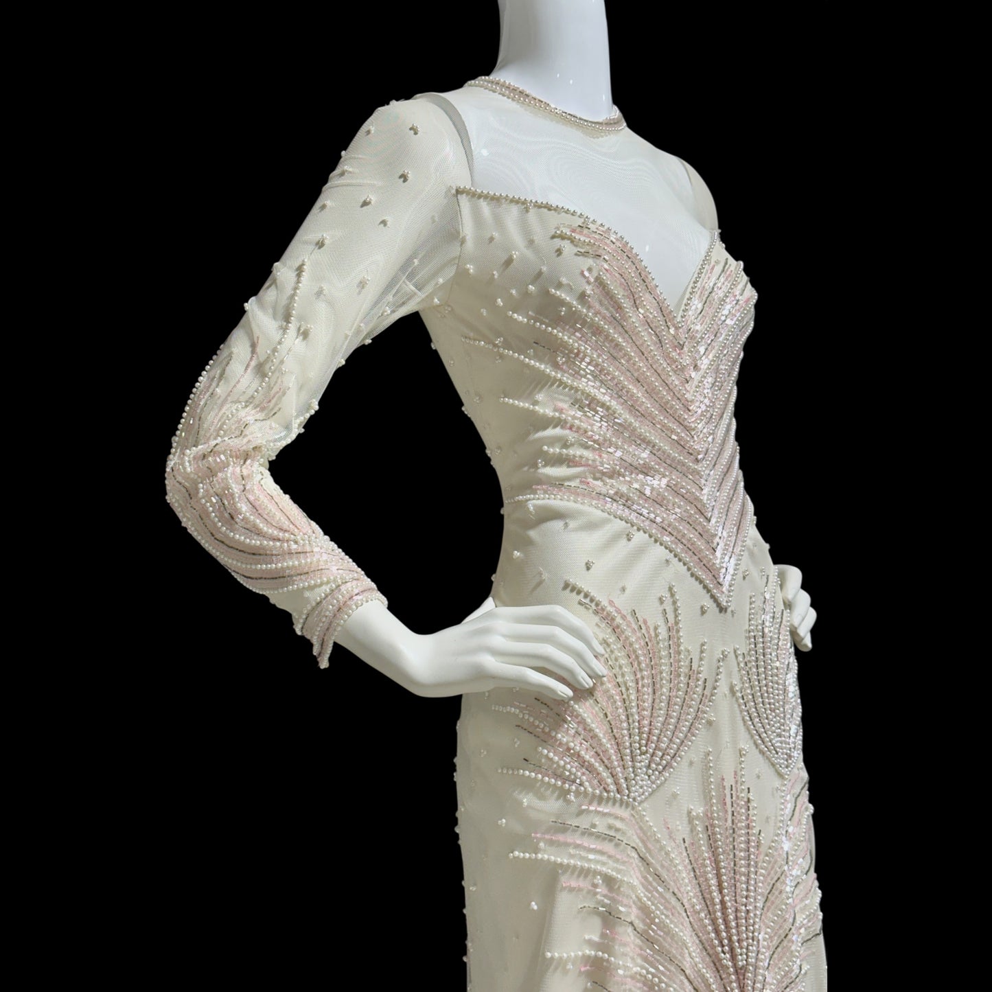CARLOTA ALFARO, vintage 1980s evening gown, White pink beaded mermaid dress, ruffled bottom, illusion neckline