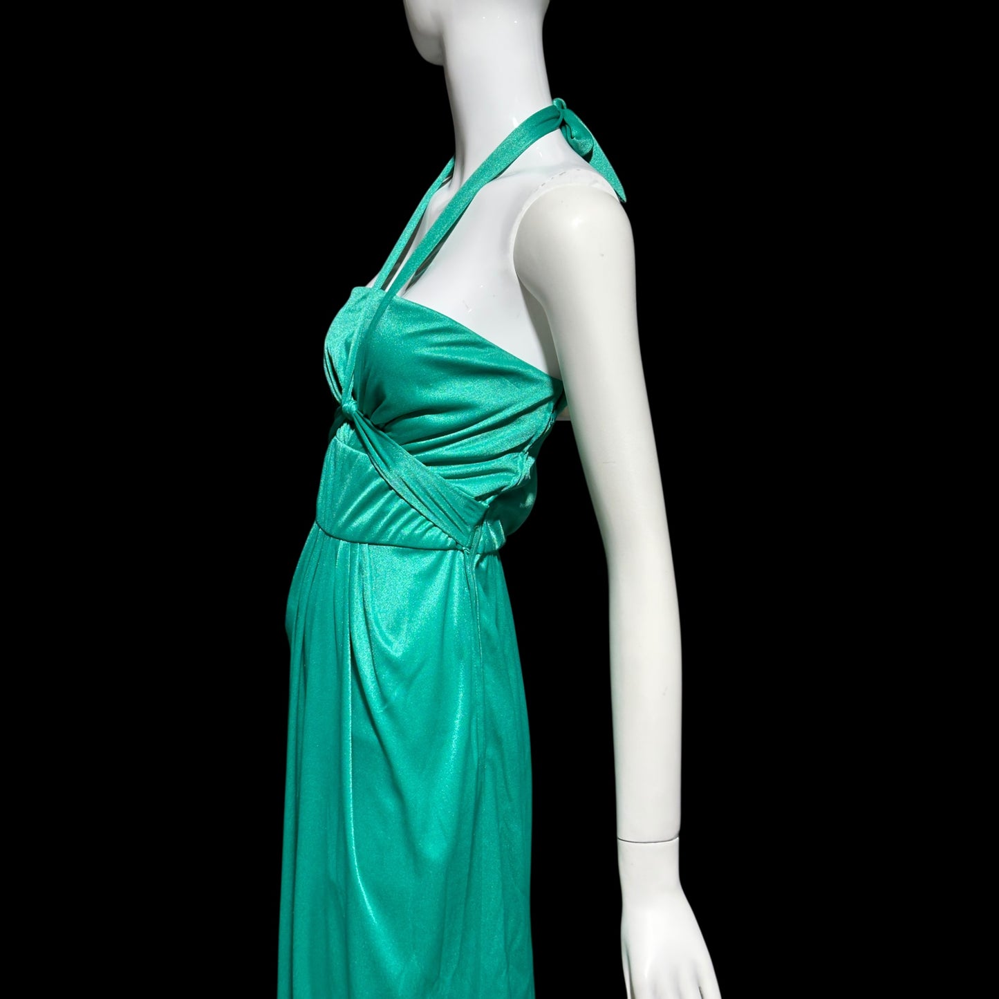 ESTEVEZ evening dress, vintage 1970s teal green jersey knit gown, Studio 54 cocktail disco party dress