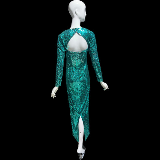OLEG CASSINI vintage 1980s bodycon sequin evening gown, Mermaid teal green sheath gown with open back