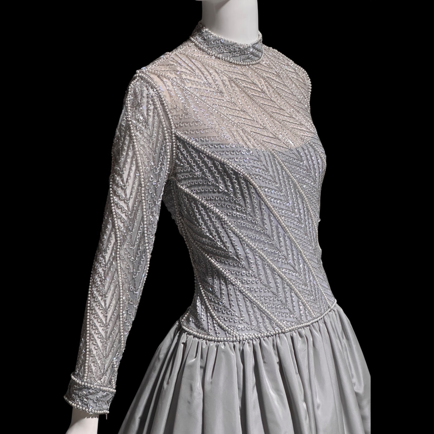 BOB MACKIE, vintage 1980s evening dress ball gown, Silver grey heavily beaded taffeta gown, Long sleeve high neck