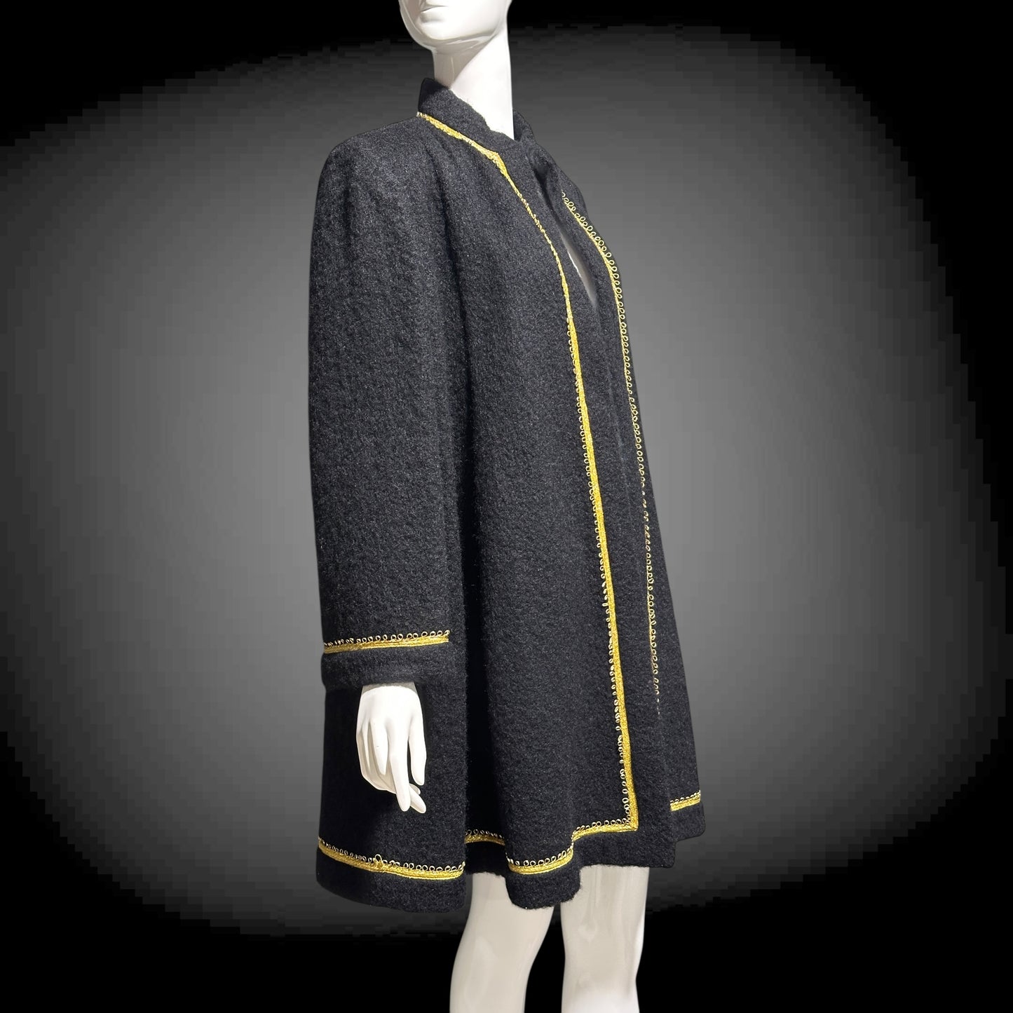 TRIGERE 1980s mohair swing coat, for SAKS 5th Ave Black mohair gold metallic cord