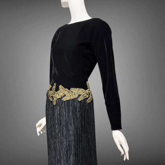 MARY MCFADDEN vintage evening dress, 1980s Designer Glam Black velvet plisse cocktail party dress