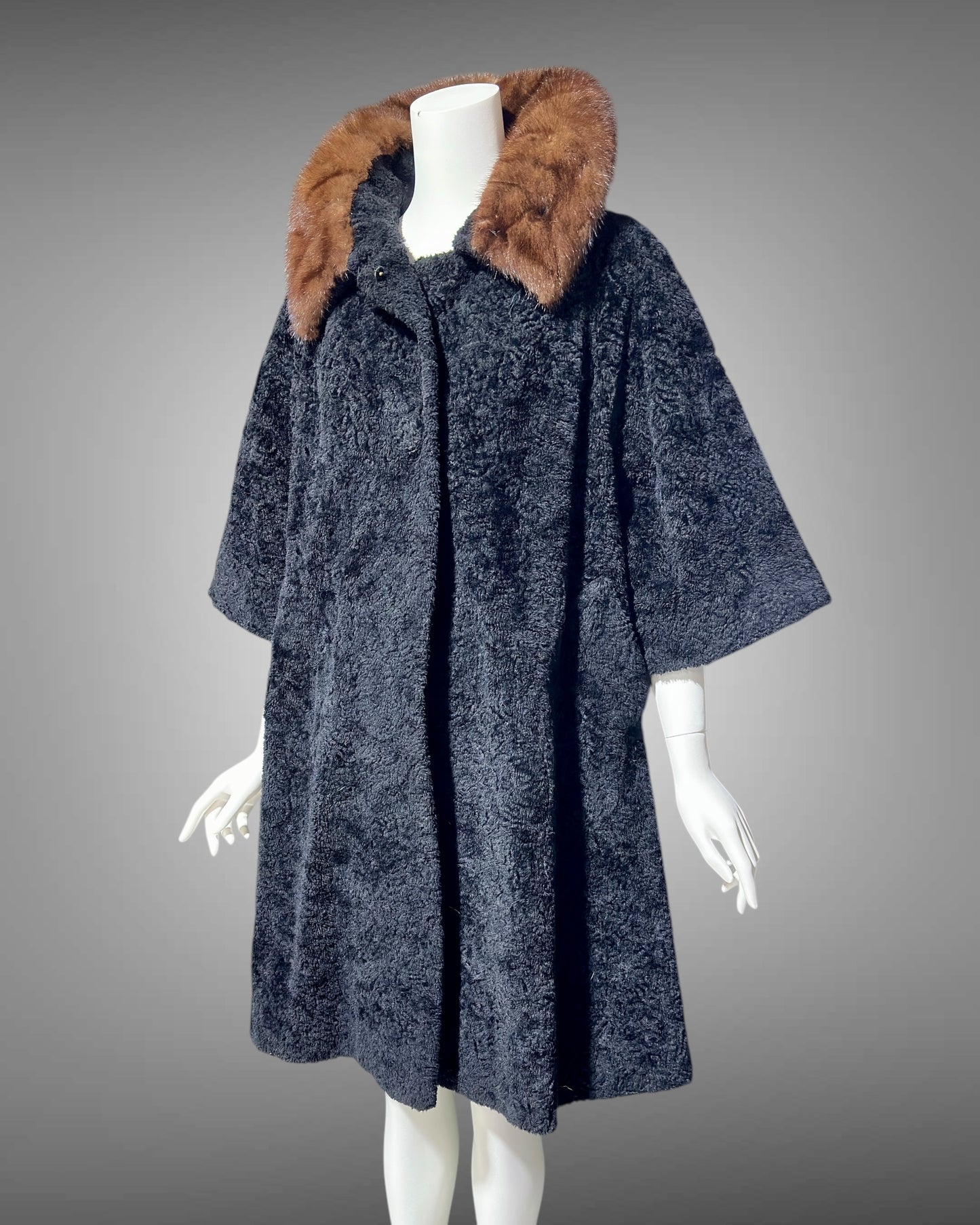 LILLI ANN 1950s vintage swing coat, Black boucle evening swing coat with mink collar