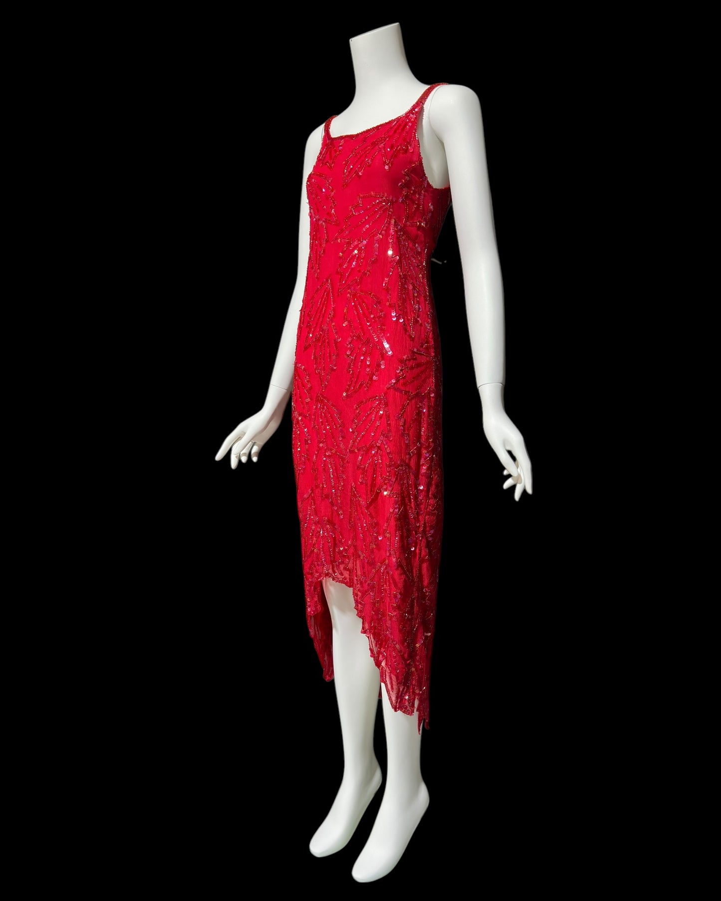 KAYE LOUISE vintage 1990s dress, red 100% silk and sequin beaded cocktail party slip dress