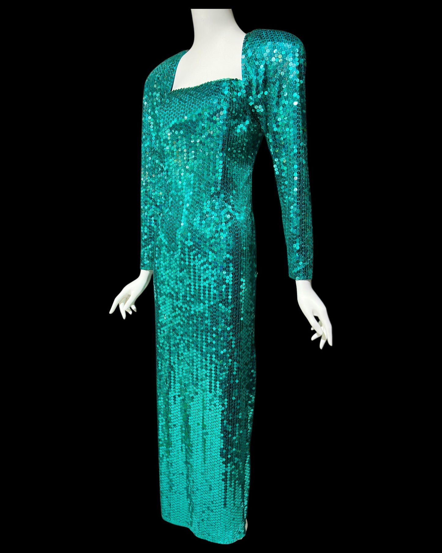OLEG CASSINI vintage 1980s bodycon sequin evening gown, Mermaid teal green sheath gown with open back
