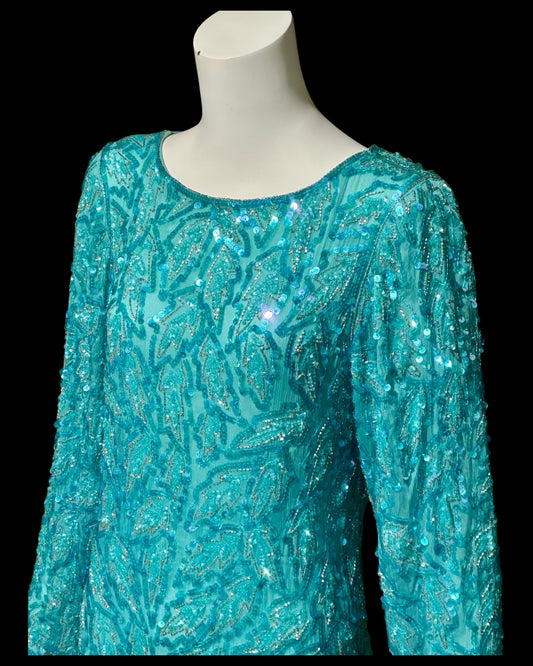 1980s Vintage Turquoise blue silk beaded full length sheath evening gown, Silver beads long sleeves and sequins
