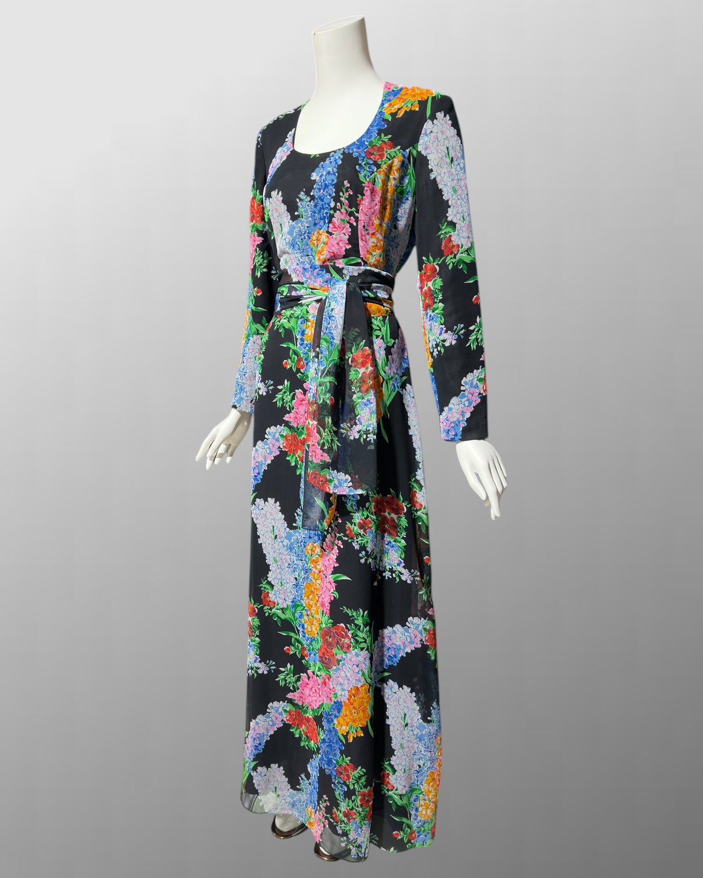 RAZOOK'S vintage 1970s evening dress, poly chiffon floral maxi dress
