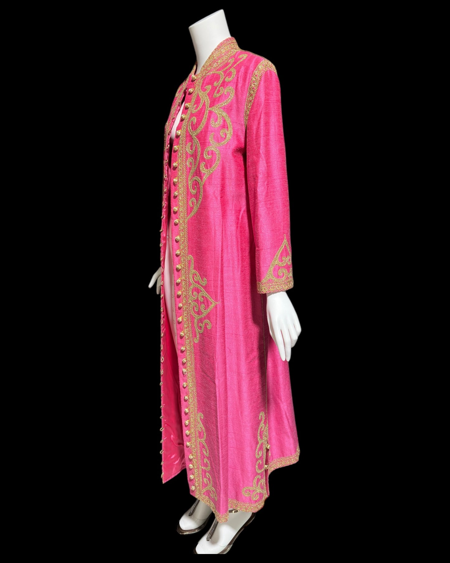 MOROCCAN KAFTAN vintage 1960s raw silk caftan evening dress, Hand Made Hot Pink and gold metallic