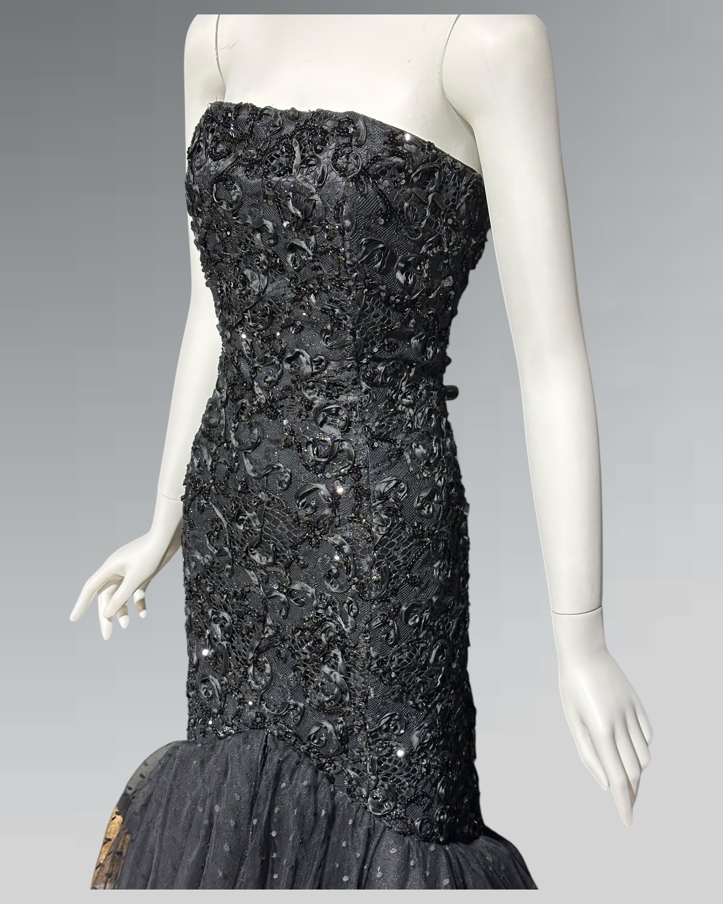 DAVID FIELDEN, 1980s Neiman Marcus, Black lace Mermaid sequin gown