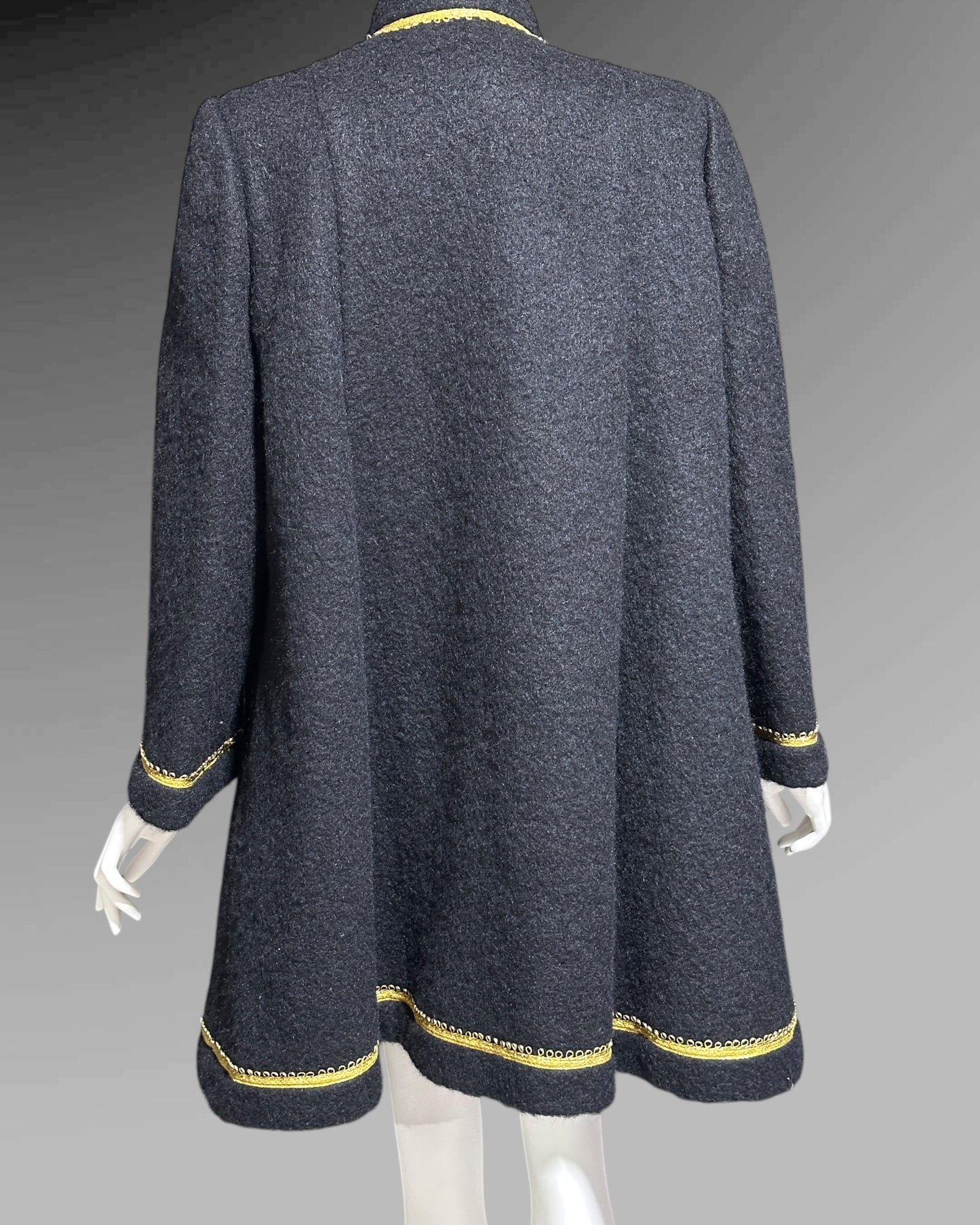 TRIGERE 1980s mohair swing coat, for SAKS 5th Ave Black mohair gold metallic cord