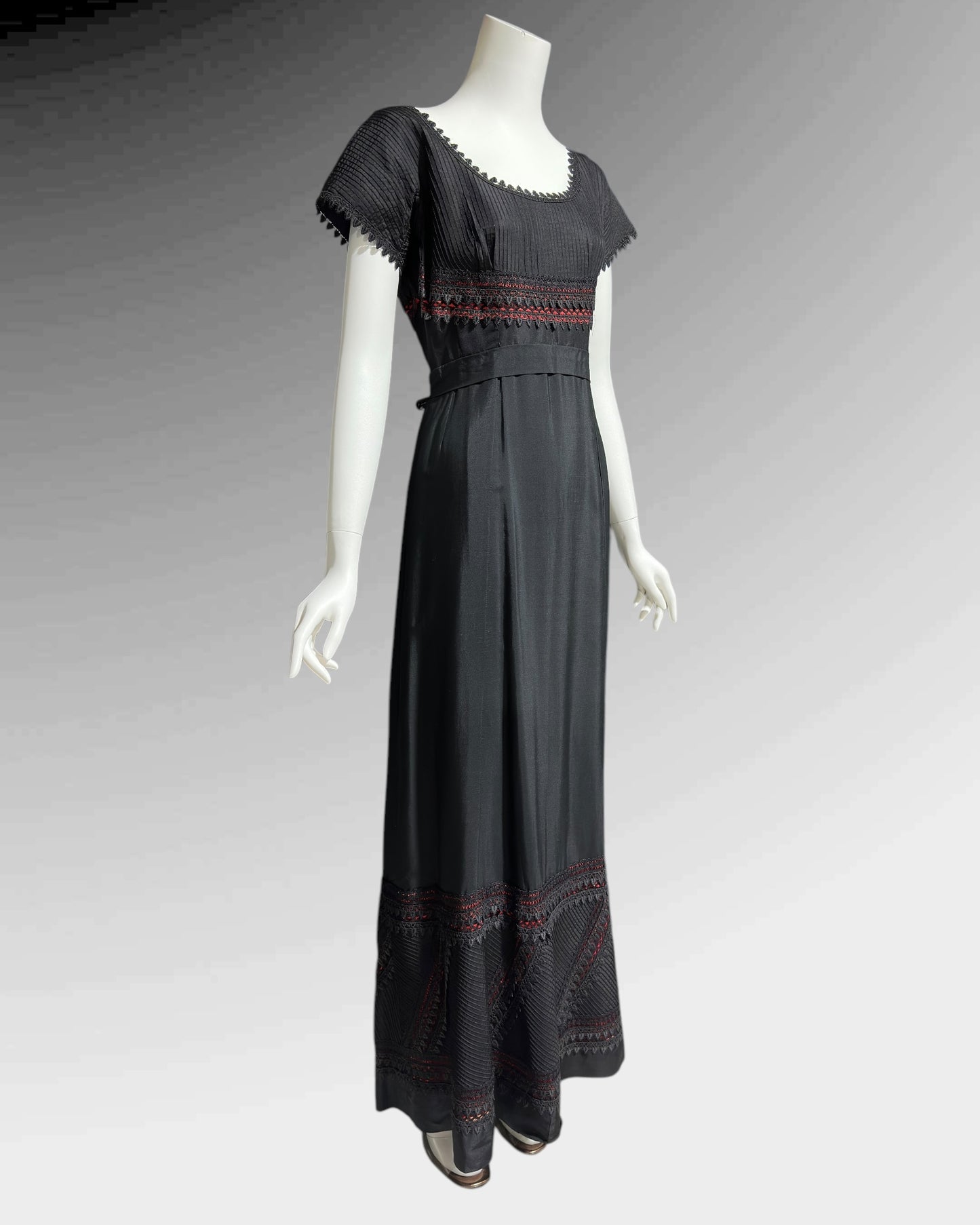 1960s vintage evening dress, Black and red satin gown, Pin tucks and see through lace