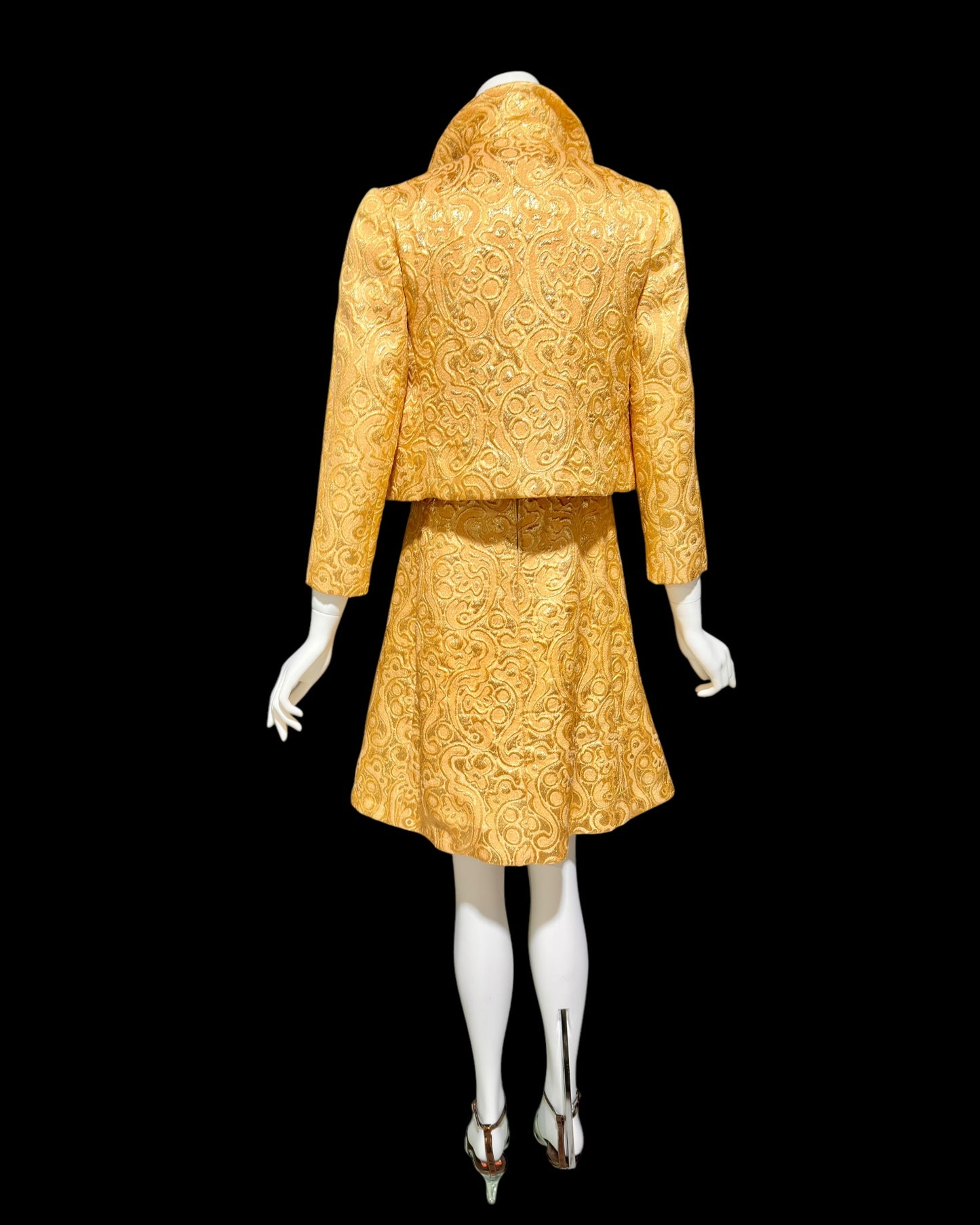 MALCOLM STARR Vintage dress jacket set, 1960s Apricot shiny gold brocade cocktail evening suit ensemble, dress and matching jacket