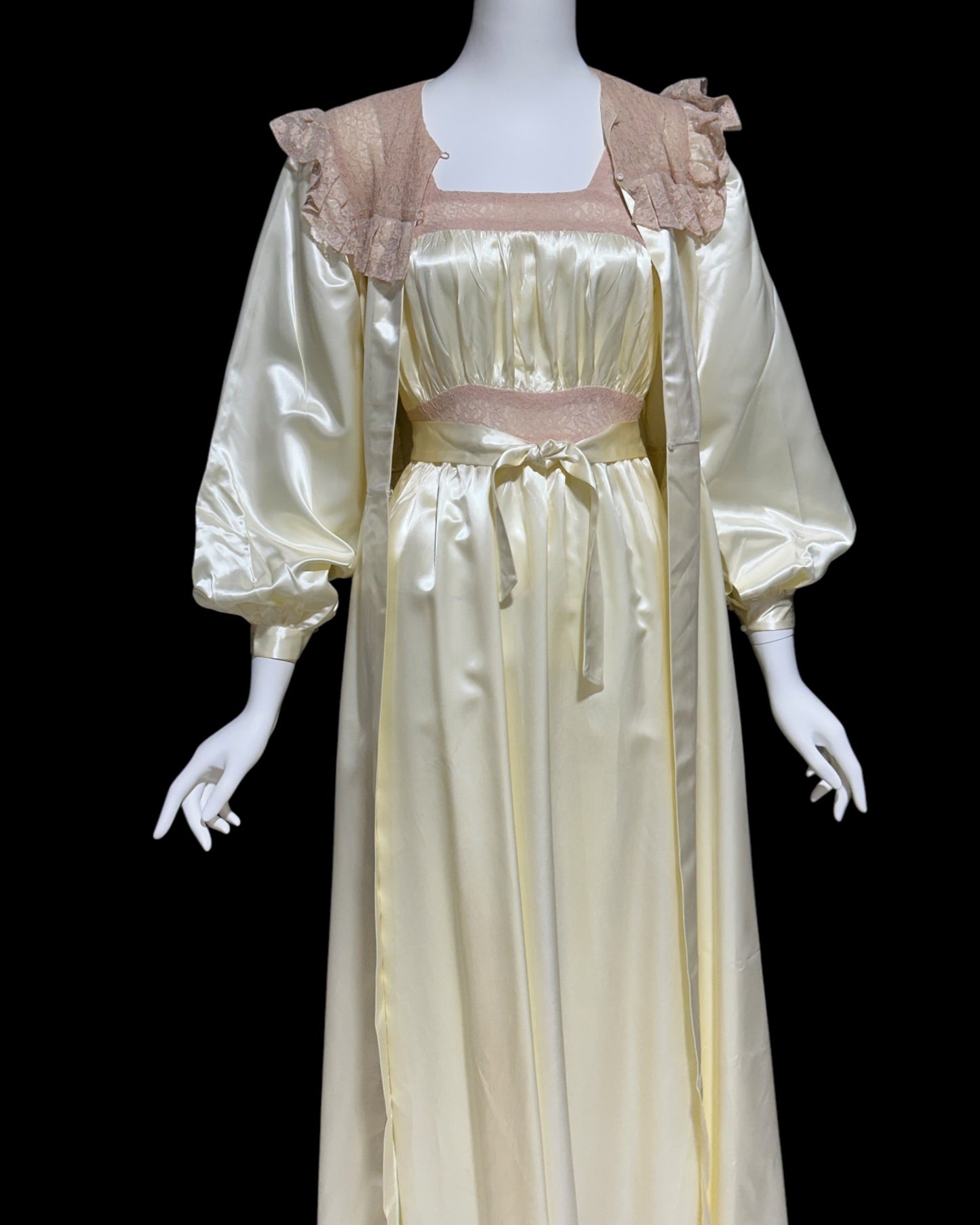 1930s vintage nightgown robe set, candlelight cream and old rose shiny night dress bridal trousseau