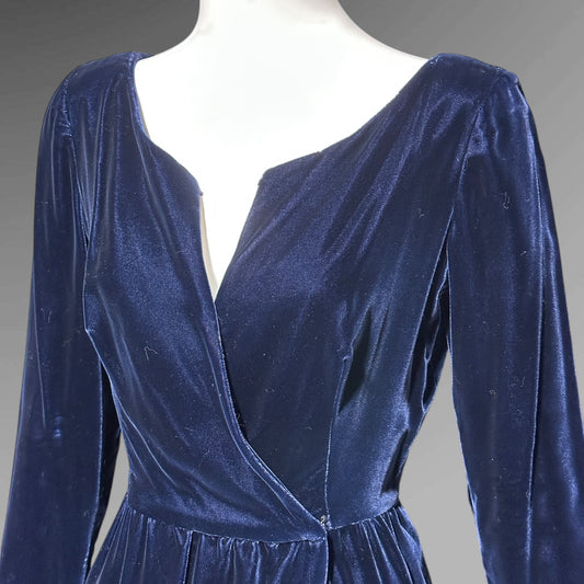 MOLLIE PARNIS vintage 1960s blue velvet wrap evening dress, Morty Sussman