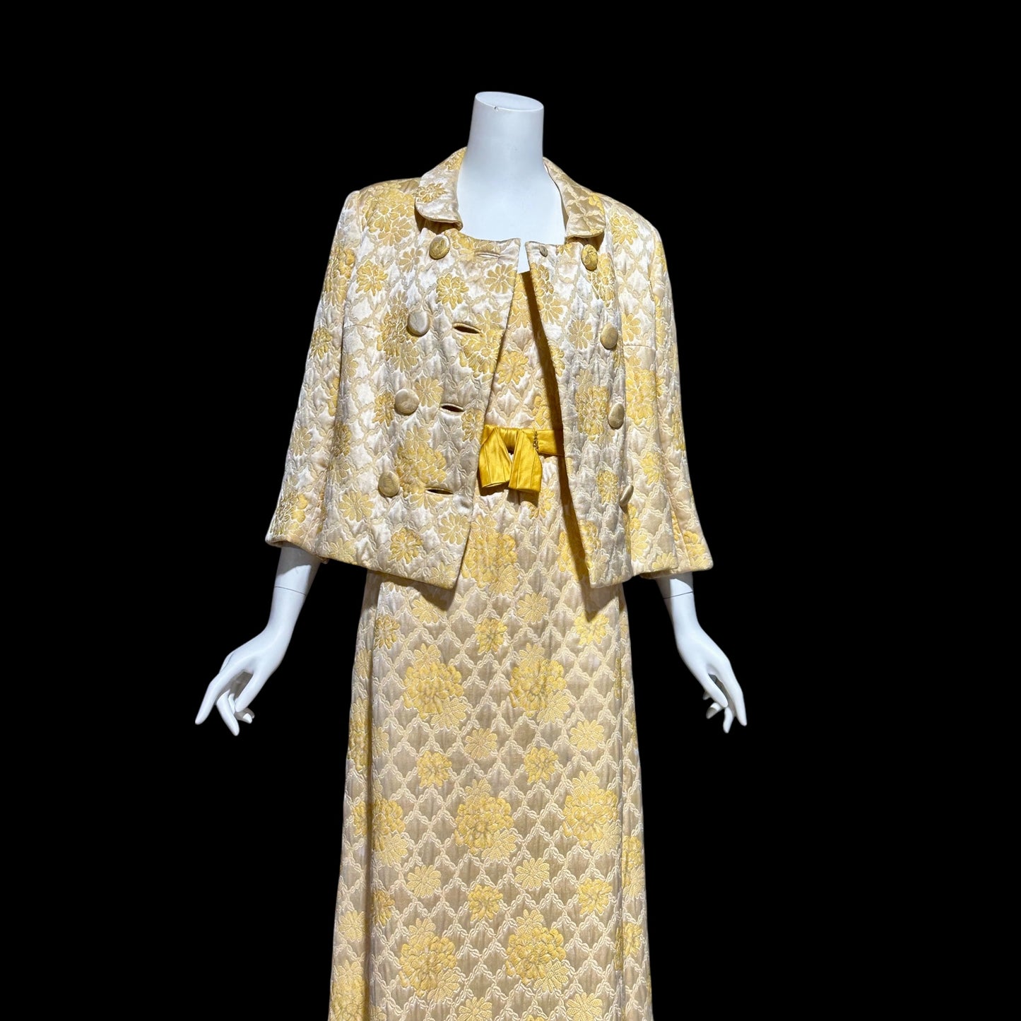 MOLLIE PARNIS Nan Duskin 1960s vintage evening dress, gold floral silk damask 2 pc gown and matching coat ensemble