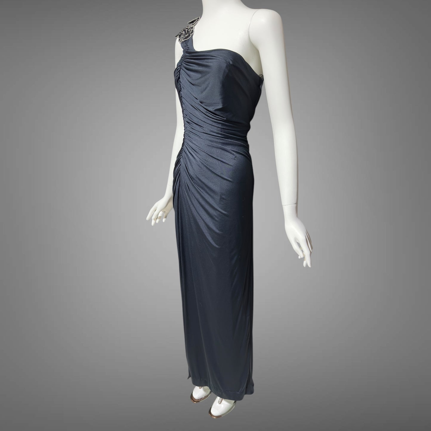 EUGENE ALEXANDER, vintage 1980s evening dress, Slinky Black sheath One Shoulder Grecian Goddess gown