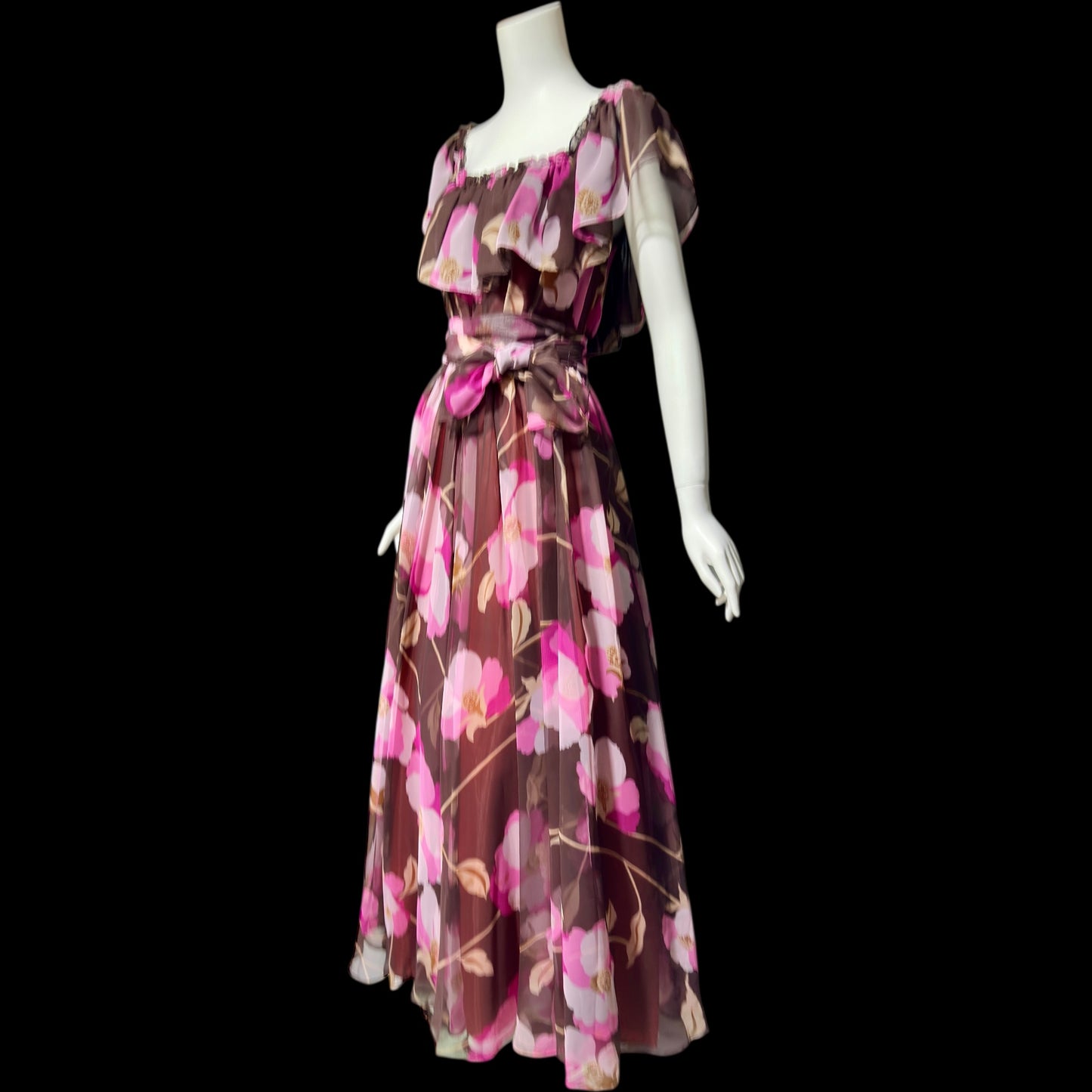 MIGNON New York, vintage 1970s floral Chiffon Maxi Dress, Chocolate Brown Hot Pink evening gown