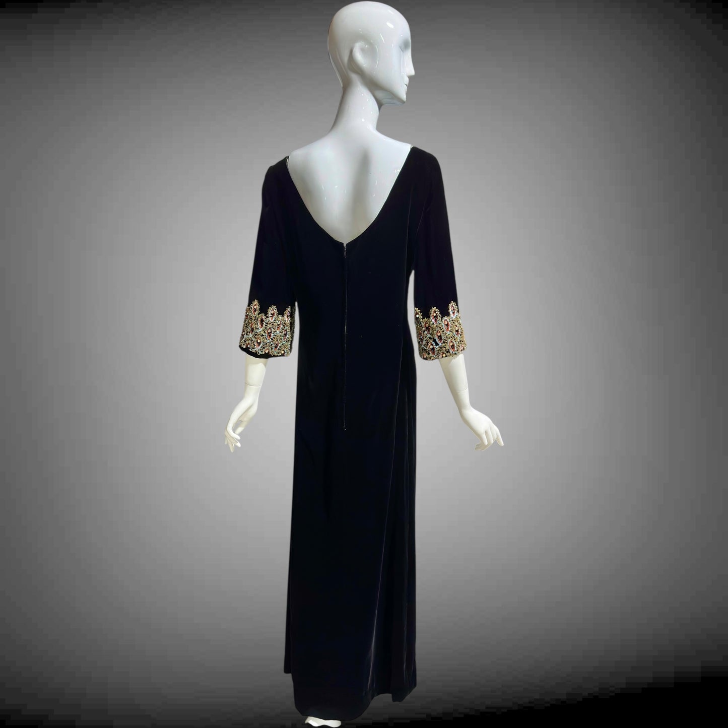 CAMEO vintage evening dress, for Bonwit Teller, 1960s black velvet beaded gown
