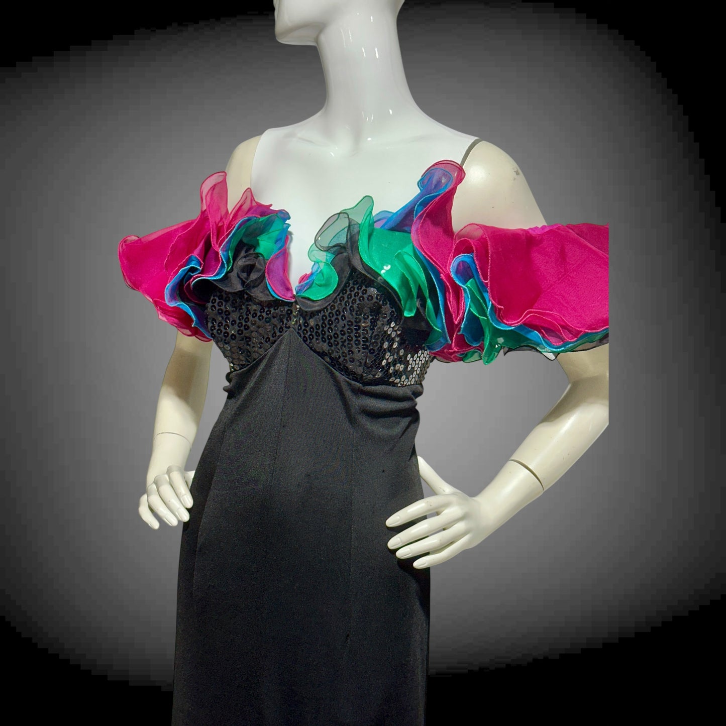 EUGENE ALEXANDER, vintage 1980s evening gown, Black sheath dress, HUGE ruffle collar, Sequin Bodice, on or off shoulders