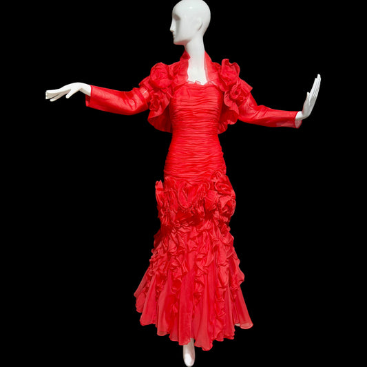 BELLVILLE SASSOON Lorcan Mullany, vintage 1980s evening dress, Red mermaid sheath gown, strapless tiered ruffles with matching bolero