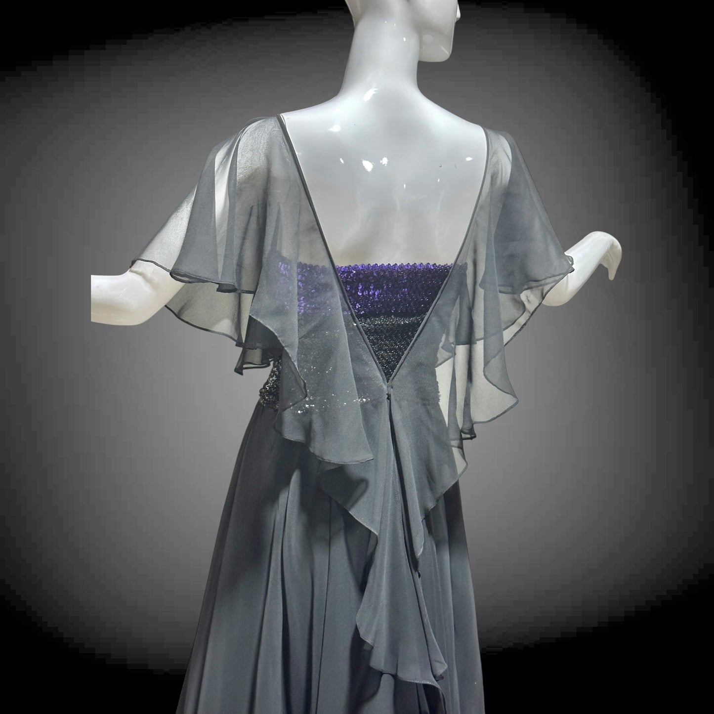 JEAN VARON, Made in England, vintage 1970s sequin and chiffon scarf evening dress
