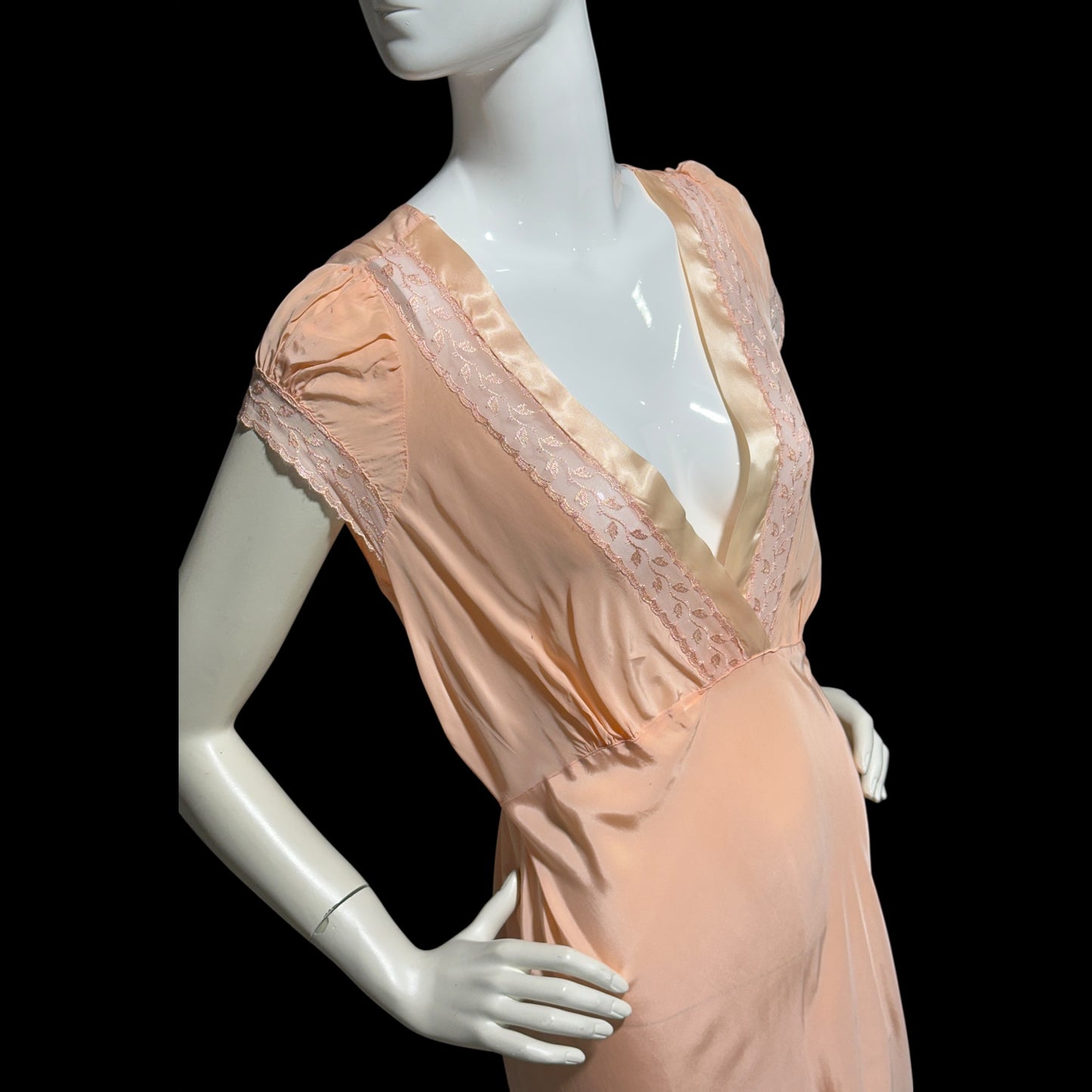 1940s vintage nightgown slip dress, Shiny peach bias cut rayon slip dress, full length, cap sleeves
