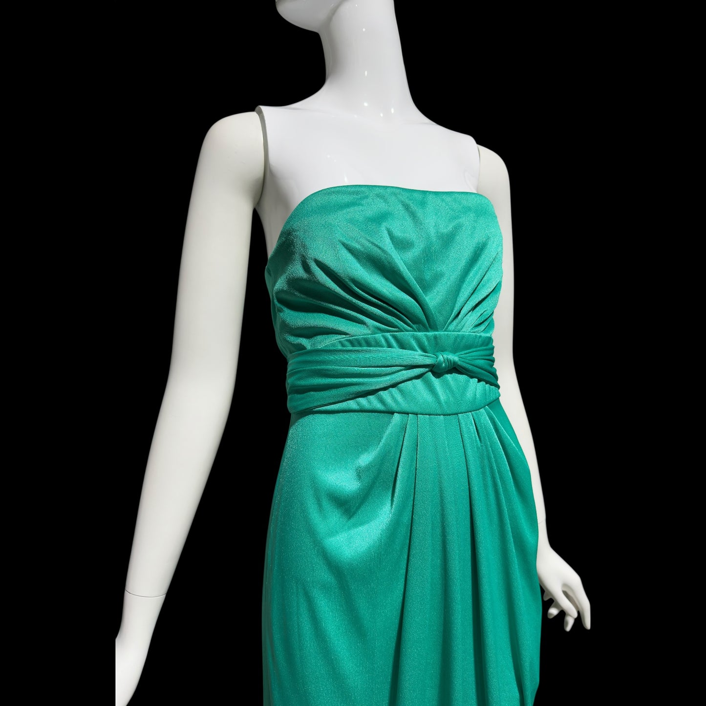 ESTEVEZ evening dress, vintage 1970s teal green jersey knit gown, Studio 54 cocktail disco party dress