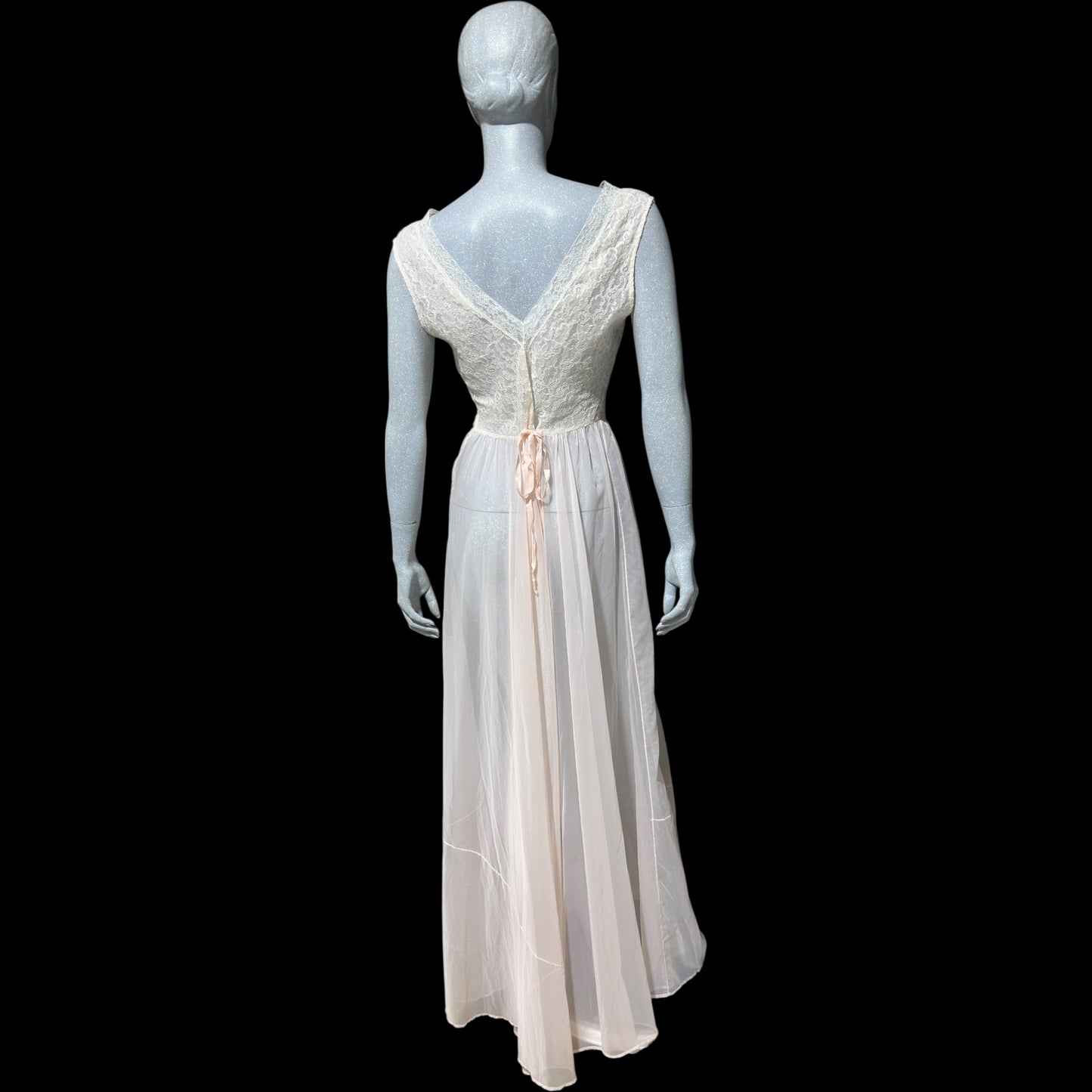 ODETTE BARSA vintage 1940s nightgown slip dress, Sheer pale pink with white lace full sweep Old Hollywood gown