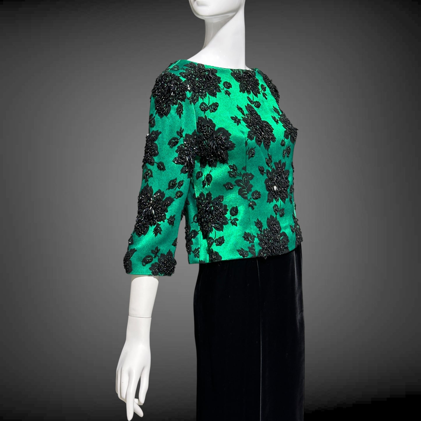 SAKS FIFTH AVE 1960s vintage evening dress, Beaded Black Velvet Green Satin 2 piece long dress