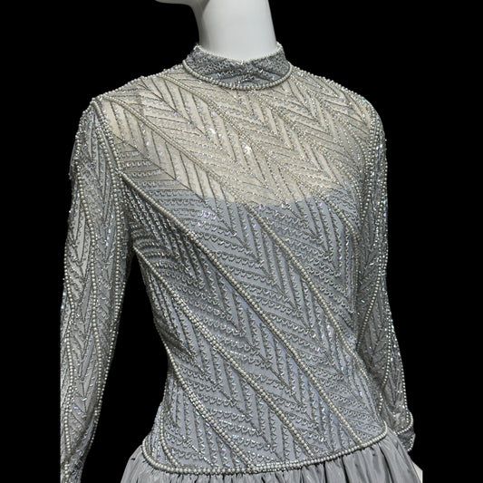 BOB MACKIE, vintage 1980s evening dress ball gown, Silver grey heavily beaded taffeta gown, Long sleeve high neck
