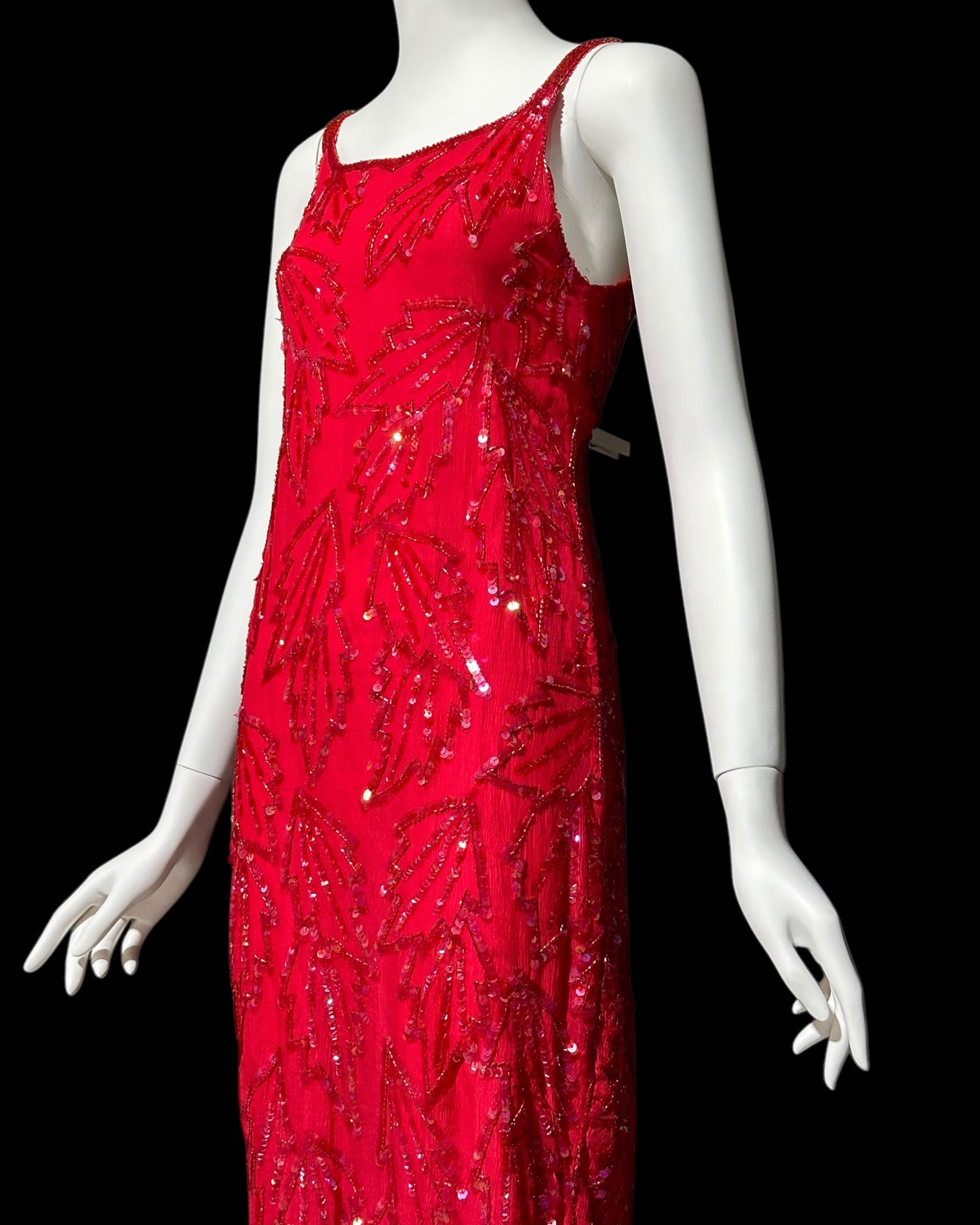 KAYE LOUISE vintage 1990s dress, red 100% silk and sequin beaded cocktail party slip dress