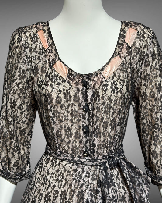 FLOBERT vintage 1940s black lace dressing gown robe, sheer black lace with pink ribbon trim