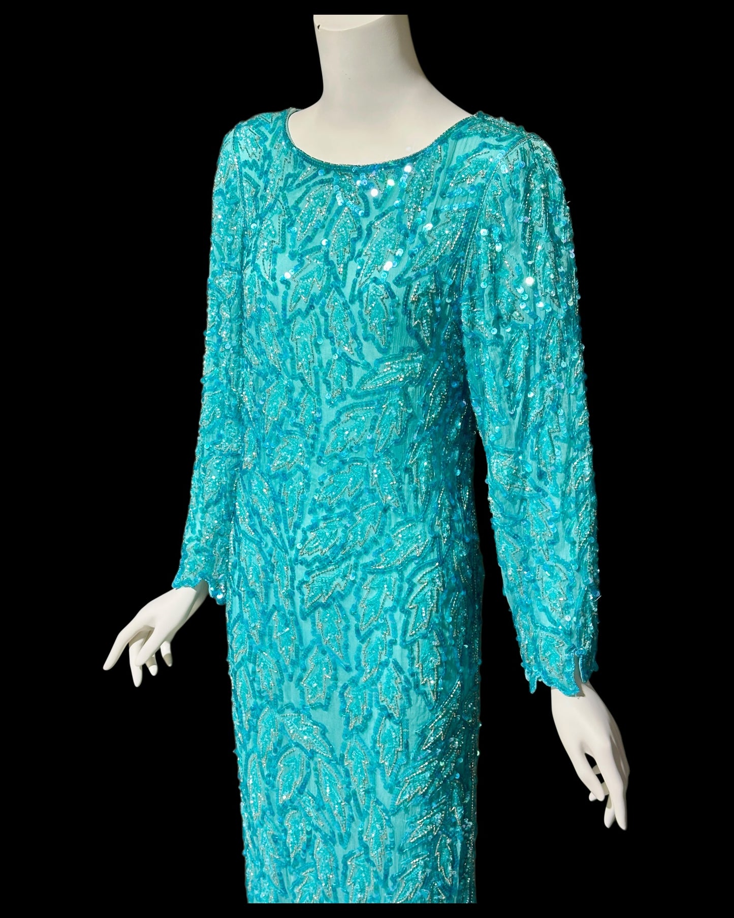 1980s Vintage Turquoise blue silk beaded full length sheath evening gown, Silver beads long sleeves and sequins